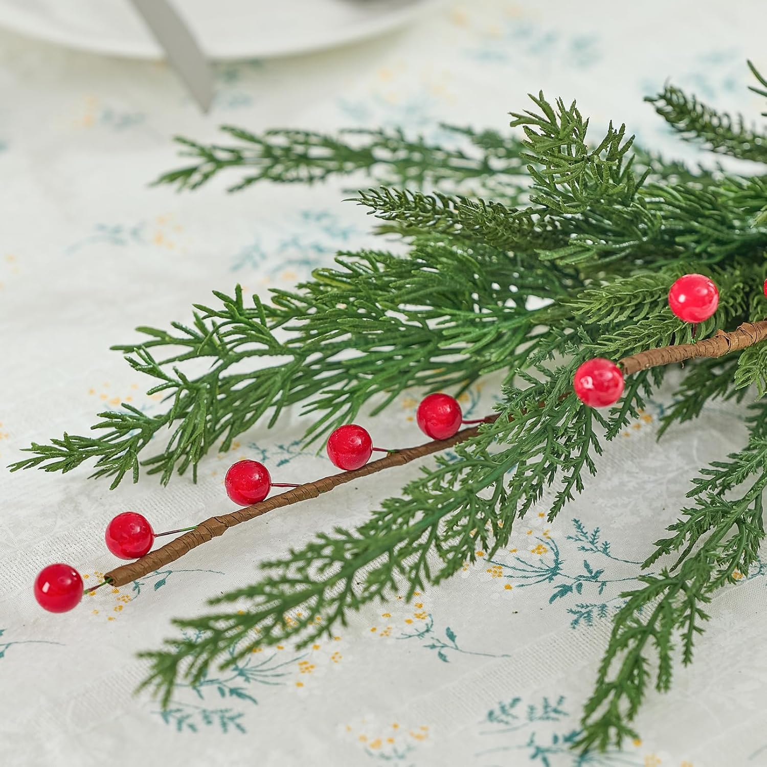 Heleze 22.8 Inch Christmas Greenery Stems - Artificial Pine Branches, Faux Cedar Cypress Norfolk Pine Picks with Red Berries for Vase Xmas Decor 3 Pcs