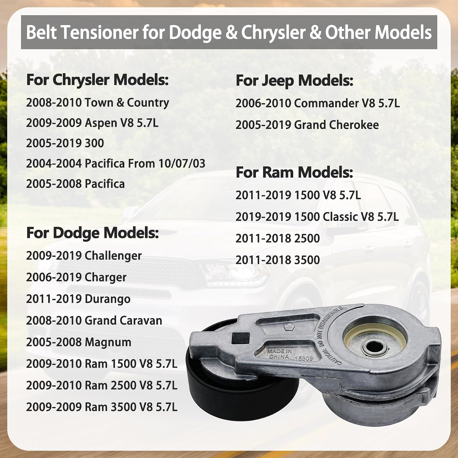 Belt Tensioner Assembly with Pulley Compatible with Dodge Challenger Charger Chrysler 300 Pacifica Town & Country Ram 1500 2500 3500 Jeep Grand Cherokee, Replaces# 4861660AA, 38323