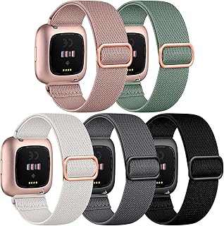 DaQin 5 Pack Elastic Sport Nylon Band Compatible with Fitbit Versa/Versa Lite/Versa SE/Fitbit Versa 2 Bands for Women Men, Adjustable Stretchy Solo Loop Wristband for Fitbit Versa 2 of Smartwatch Band