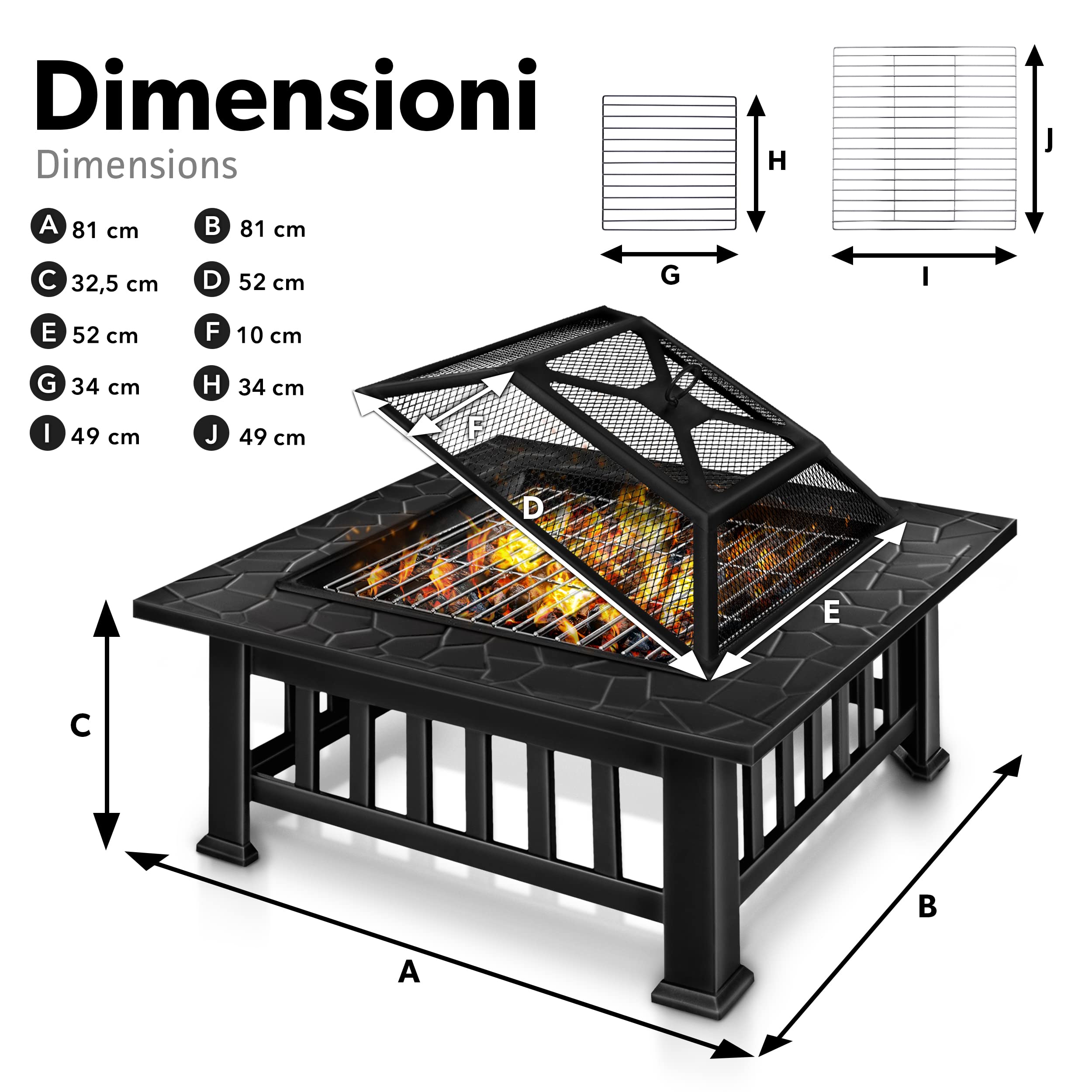 tillvex Braciere con Parascintille e Griglia | Braciere Esterno per il Giardino | 3 in 1 BBQ Grill con Coperchio, Attizzatoio, Pinze e Griglia a Carbone