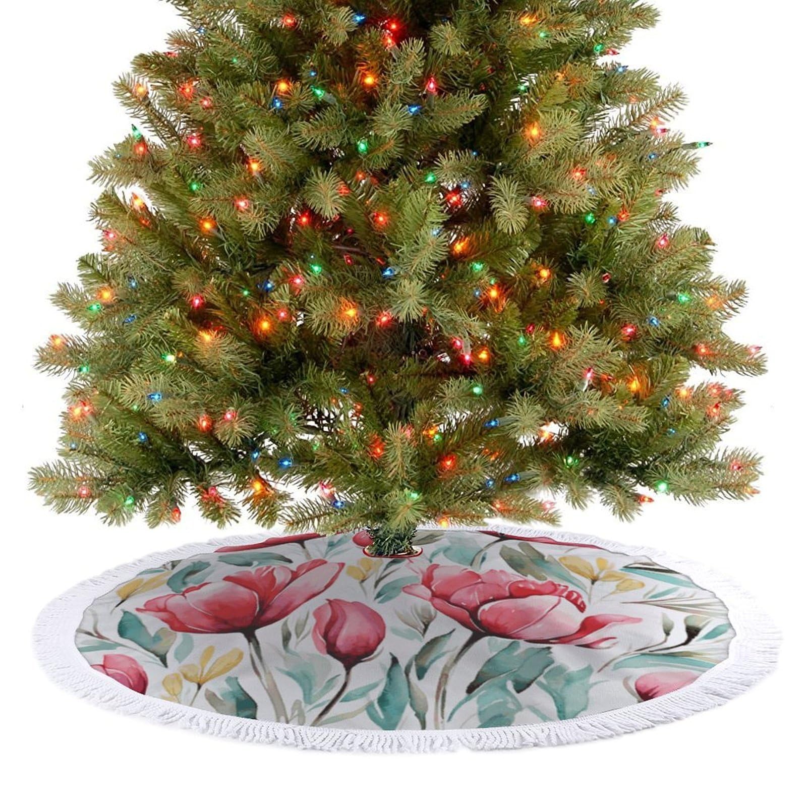 Flower Christmas Tree Skirt 48" Rustic Xmas Tree Mat with Tassel Ornament Christmas Trees Cover Skirt Mat for Evergreen Trees Ornament Winter Holiday Mats Decorations