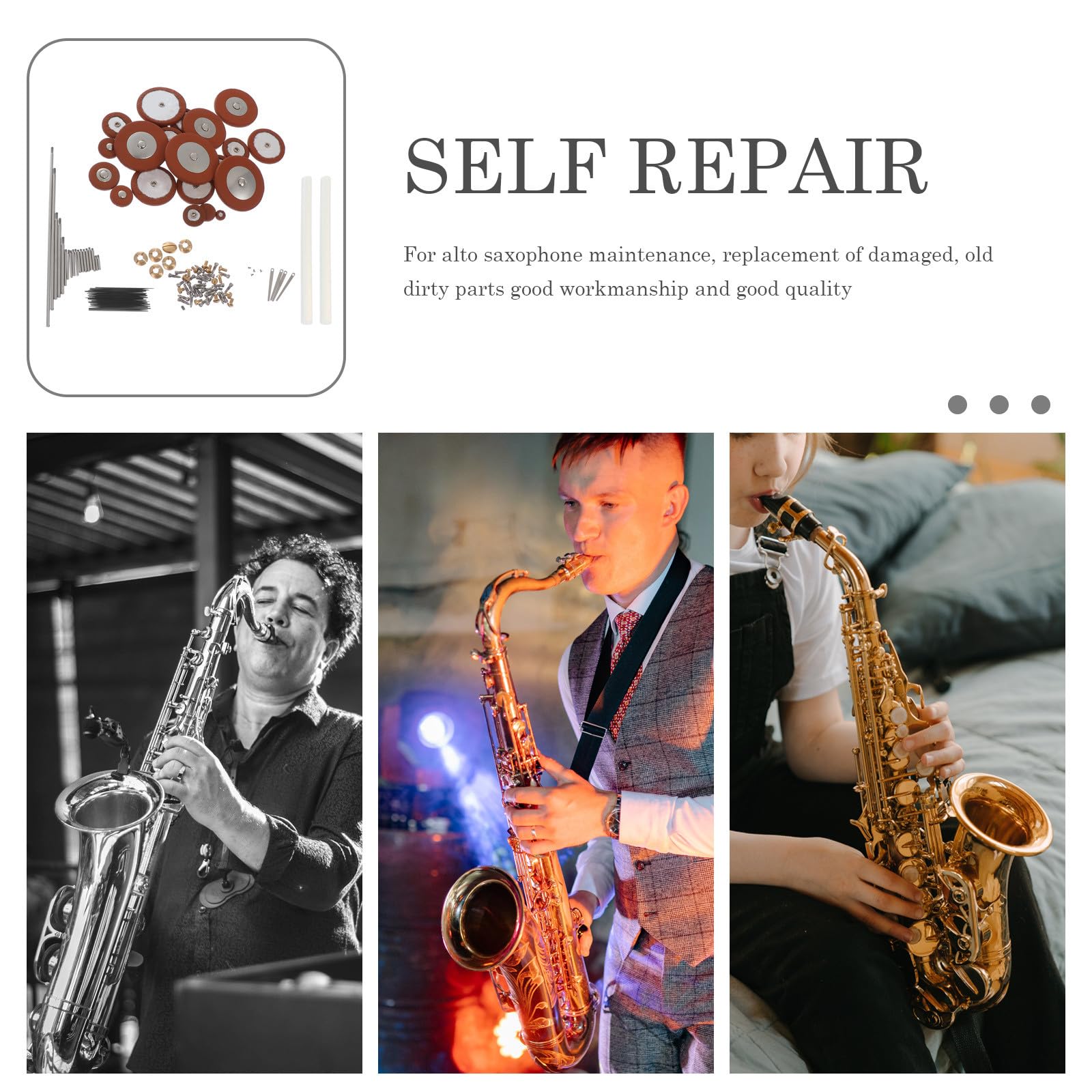 Kit de Reparación Tornillos y Muelles de Metal y Piel de Oveja Color Aleatorio para Saxofón Alto para Mantenimiento y Sustitución de Piezas Dañadas