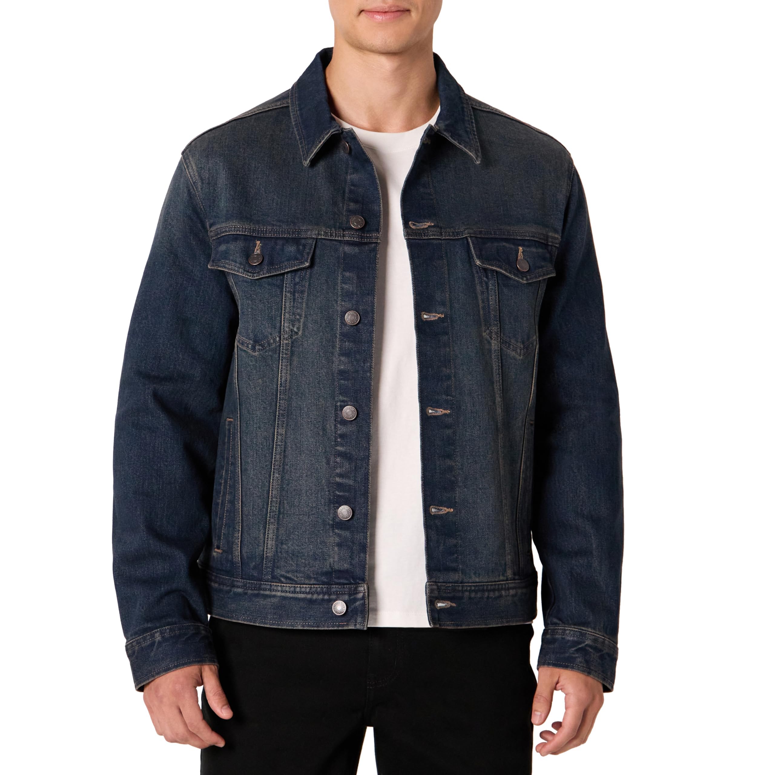 Amazon Essentials Men's Heavyweight Low Stretch Regular-Fit Denim Jacket with Chest Patch Pockets, Shank Buttons, Adjustable Side Tabs, Tinted Dark Wash, X-Small