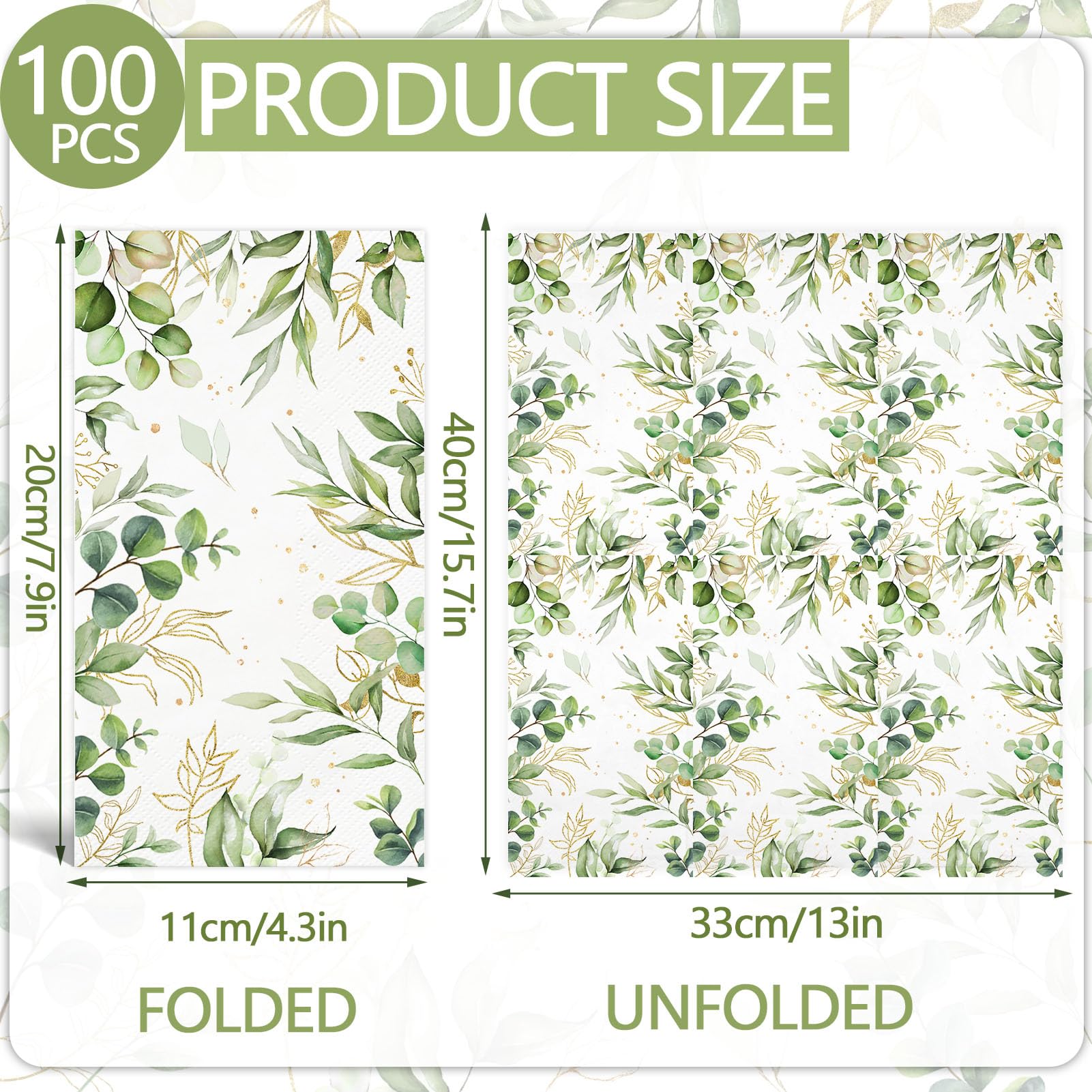 100 servilletas de papel vegetales desechables de 3 capas para baño, hojas de eucalipto verde, servilletas decorativas para novia, baby shower, boda, cumpleaños, fiesta de primavera