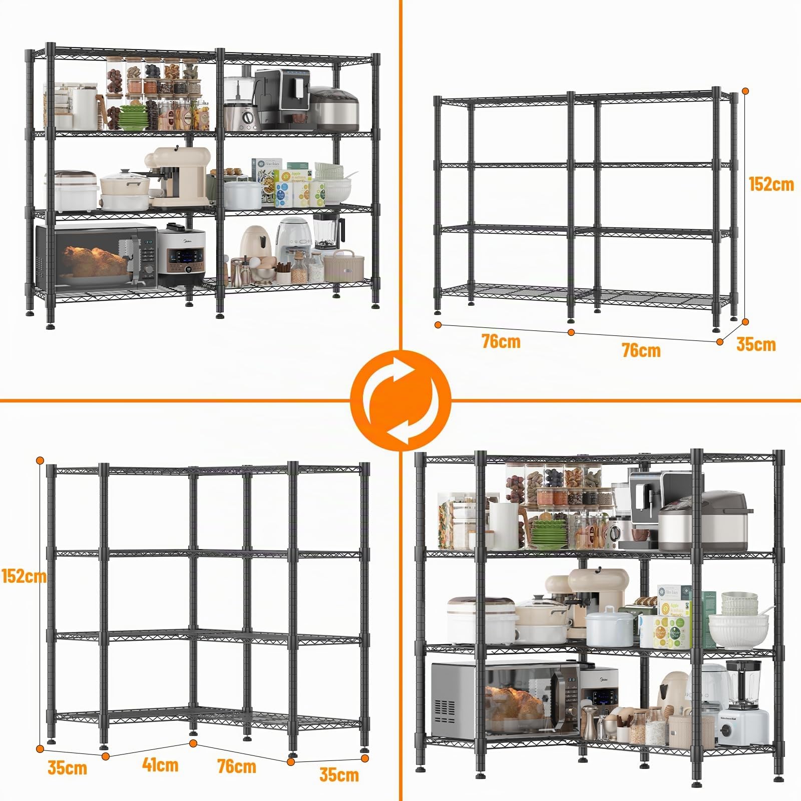 Himimi Scaffali di Stoccaggio a 4 Livelli Scaffale in Filo Metallico per Stoccaggio Scaffale Regolabile in Altezza Pesante per Garage Scaffali per Dispensa Organizer da Cucina, 152 * 35 * 152cm Nero