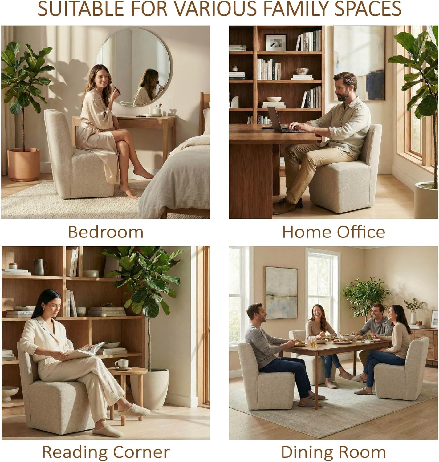 Upholstered Dining Chairs Set of 4 with Casters, Wingback Modern Side Armless Deskchair with Rollers for Diningroom Bedroom Livingroom Reading Room, Sand Fabric - Image 6