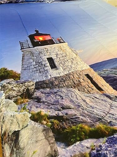 Miniatura 4 de Juego de edredón estético de 3 piezas con diseño de faro náutico costero azul marino en 3D, tamaño matrimonial para niños y niñas, fundas de