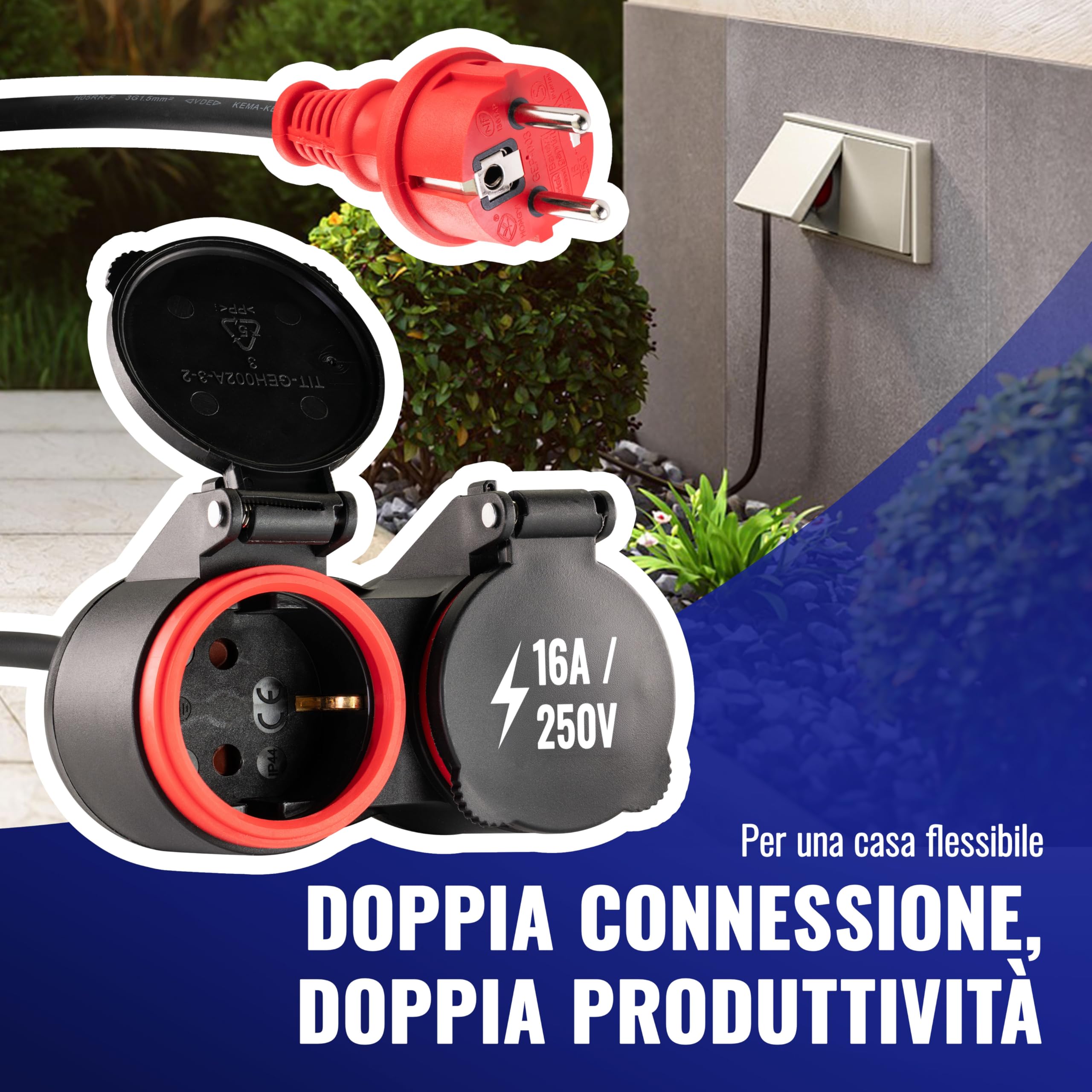 Poppstar Prolunga per esterno 20 m (2 prese Schuko, IP44, 16A/3680W, H05RR-F 3G1.5), nero/rosso