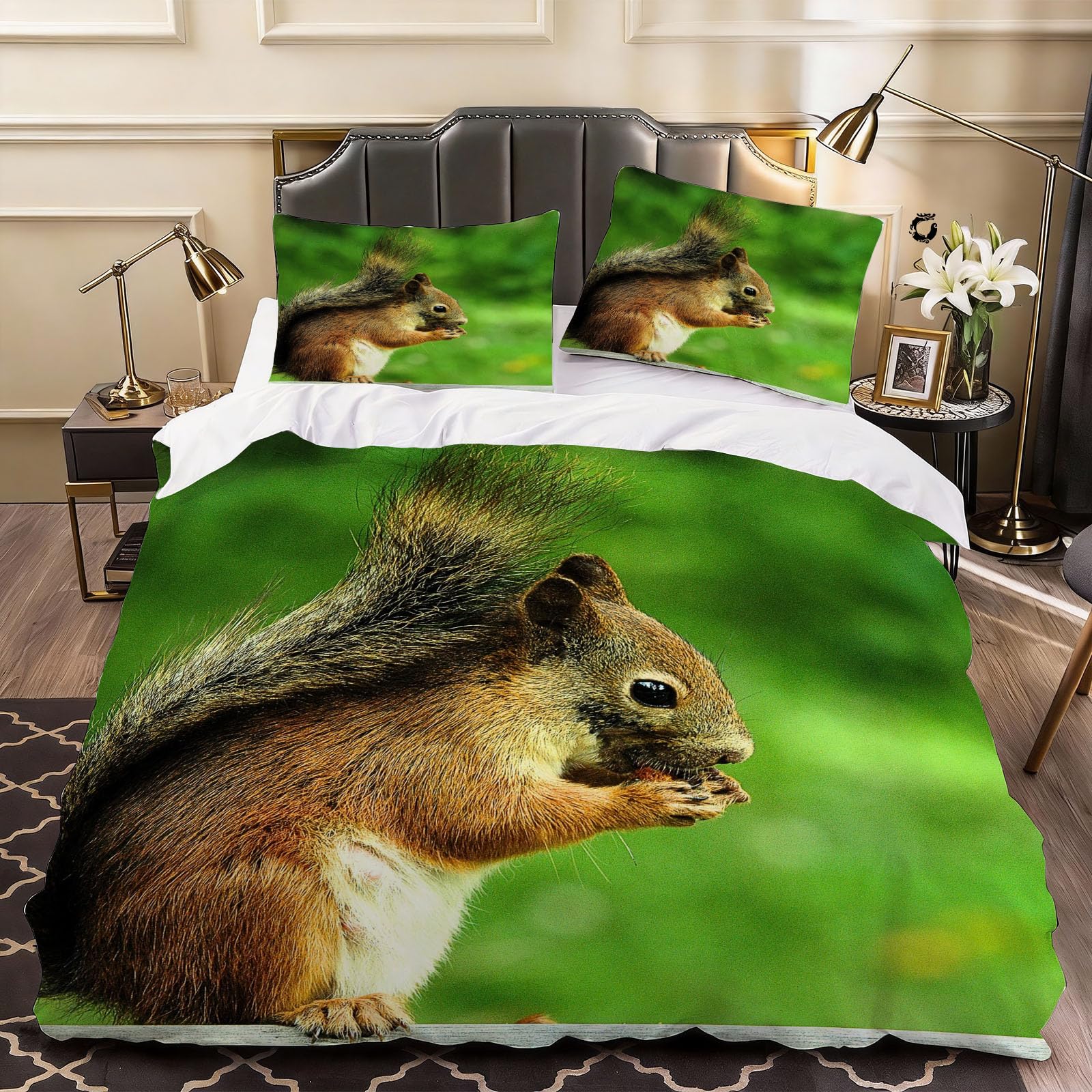 3D Squirrel Duvet Cover Vibrant Wildlife Style Bedding Double Bed Set, Soft Microfiber Comforter Cover Printed with Zipper Closure Quilt Coverr 200x200 cm and 2 Pillowcases