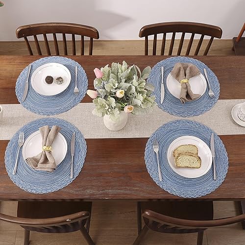 Miniatura 8 de SHACOS Juego de 6 manteles individuales redondos, trenzados, lavables, resistentes al calor, 15 pulgadas, para mesa de comedor, color beige