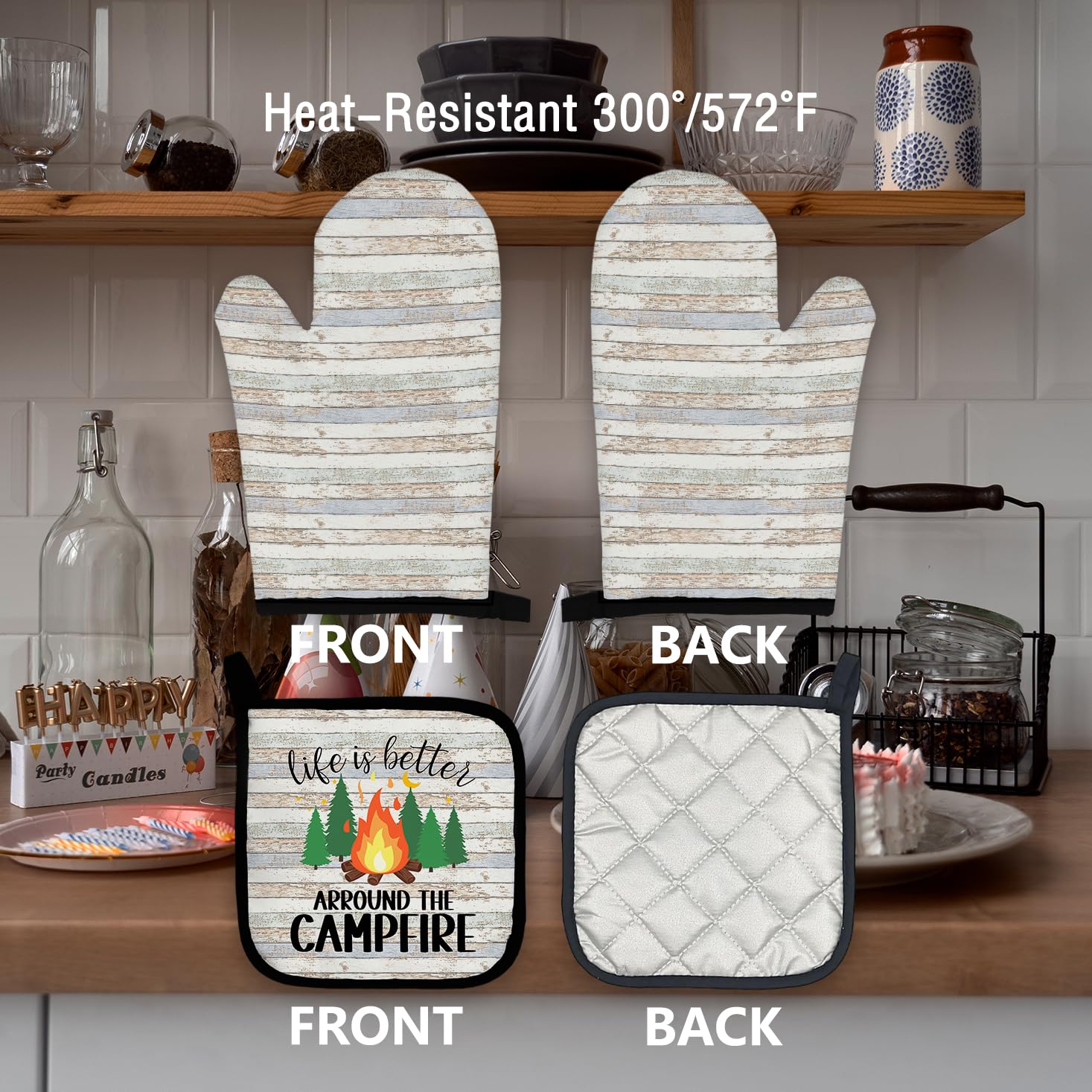 Juego de manoplas para horno y soportes para ollas de campamento, poliéster, 100%, negro, blanco, 10.5 x 5.5 pulgadas, 8 x 8 pulgadas, mano, soporte para ollas, juego de guantes de horno 6