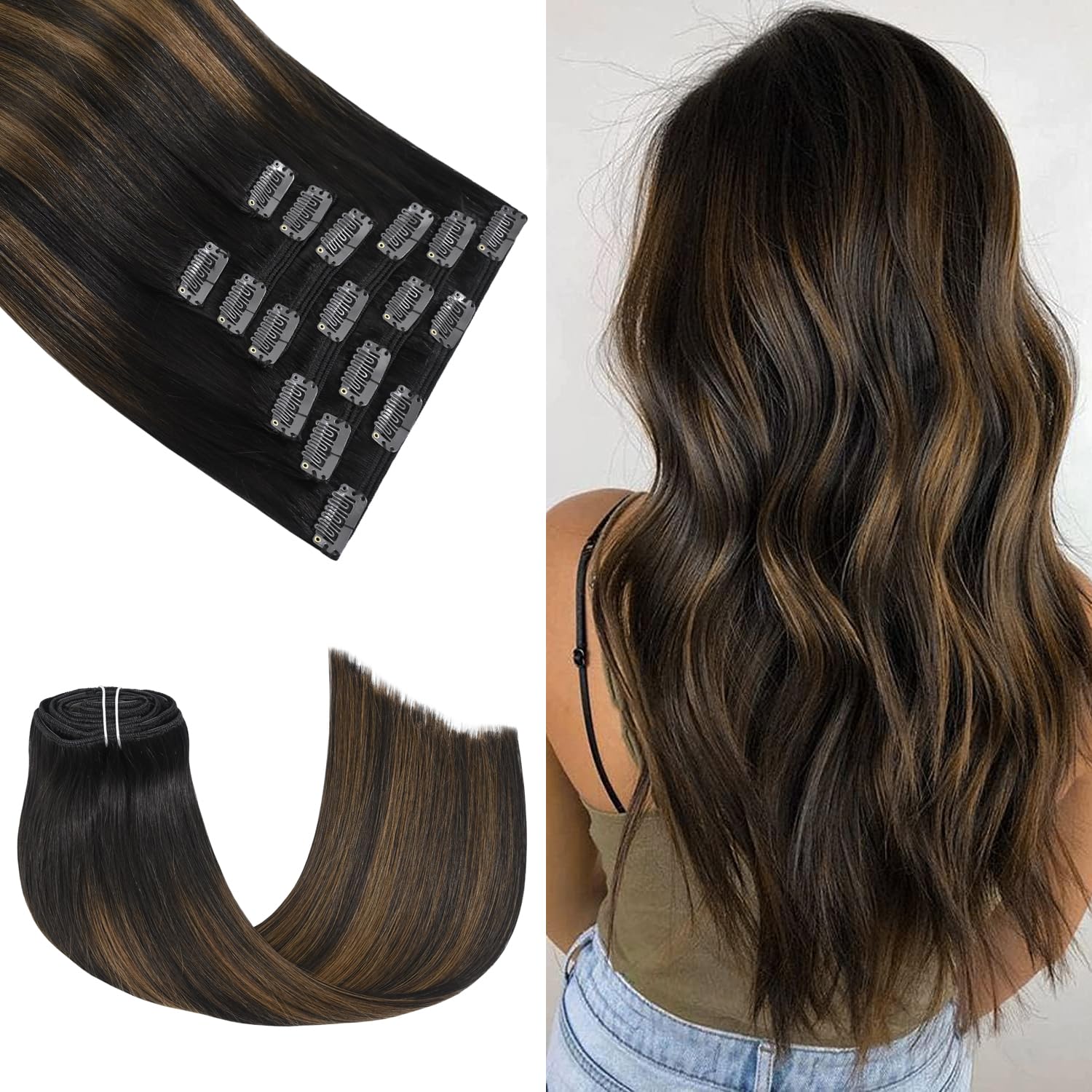 Honsoo Hair Extensions Clip In Real Human Hair Dark Brown Mixed Medium Brown Remy Hair Extensions 18in 120g 7pcs Silky Straight Human Hair No Tangling