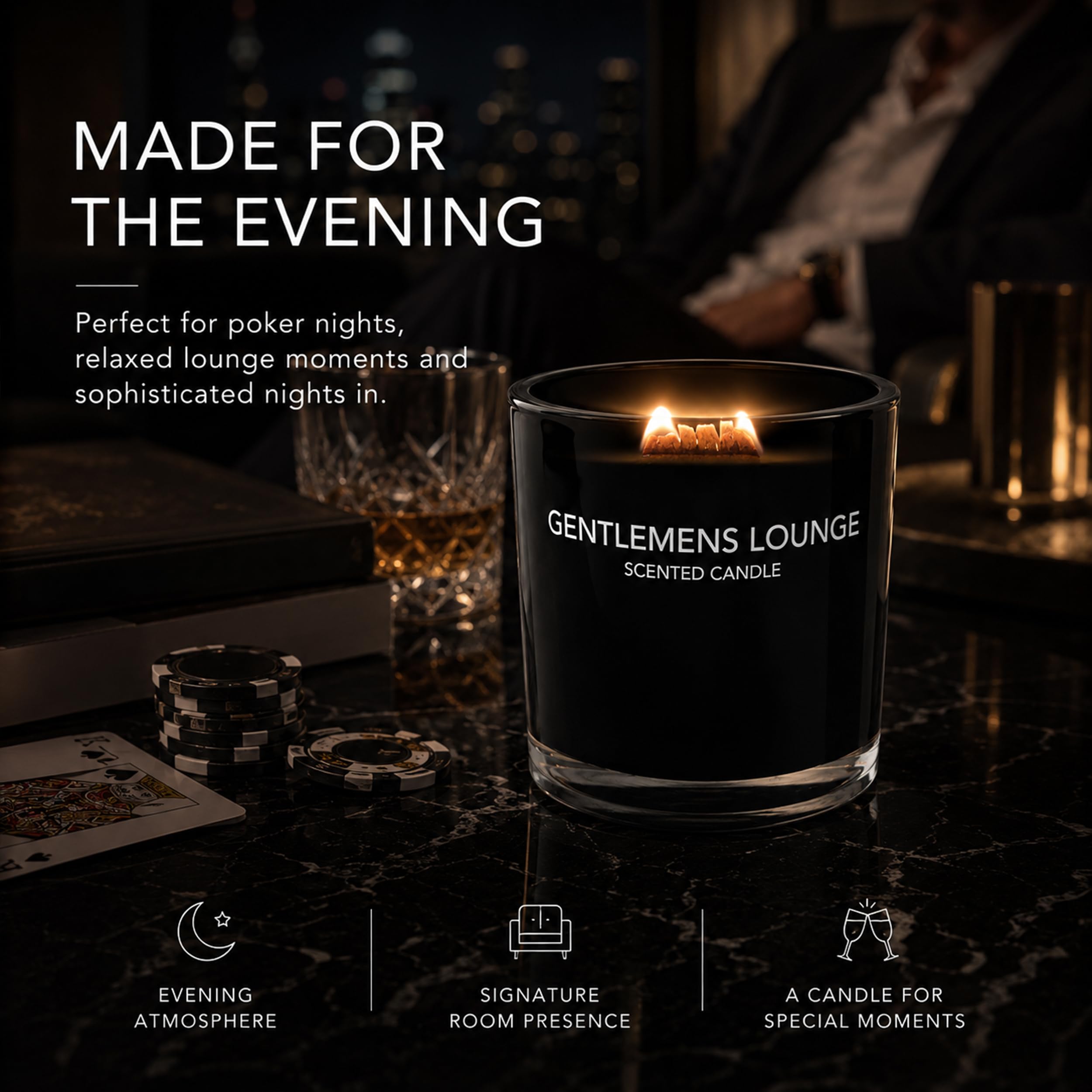 Jeremy Fragrance Kerze Gentleman Lounge | Premium Duftkerze im Glas mit Holzdocht | lange Brenndauer | Schwarz | exquisit und mit lebendigem Guajaköl | Zedernholz, Patschuli, Eukalyptus