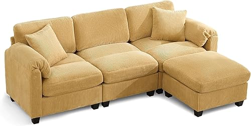 Miniatura 8 de Sofá modular modular con otomana, sofá de pana de 3 plazas con 2 almohadas, sofá de asiento profundo en forma de L de 88.2 pulgadas con cojín