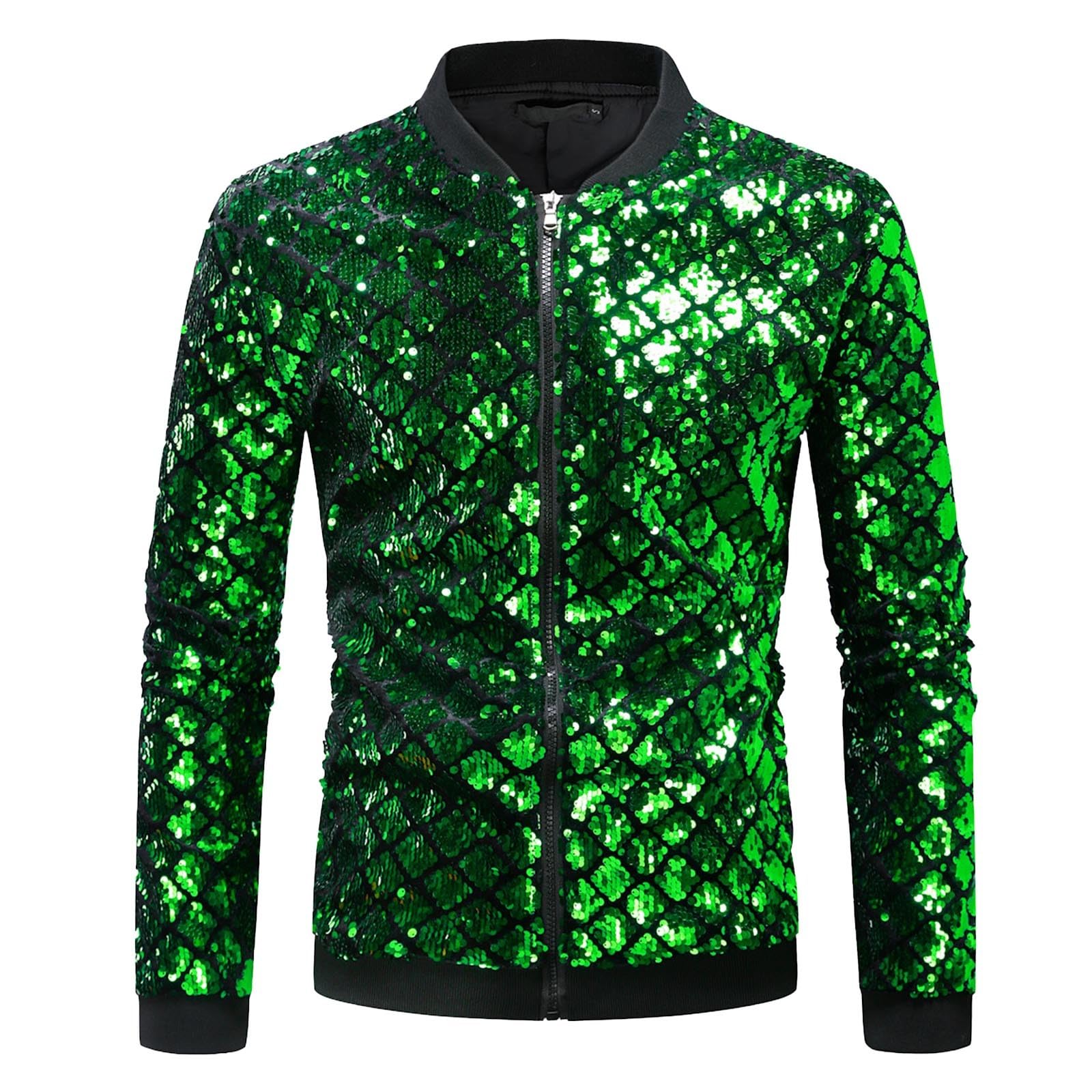 Wetlook Jacke Herren Metallic Nachtclub Reißverschluss Baseball Bomber Jacke 70er Disco Party Kostüm Baseball Jacke Kurz Sweatjacke Pailletten Outfits Glänzende jacke