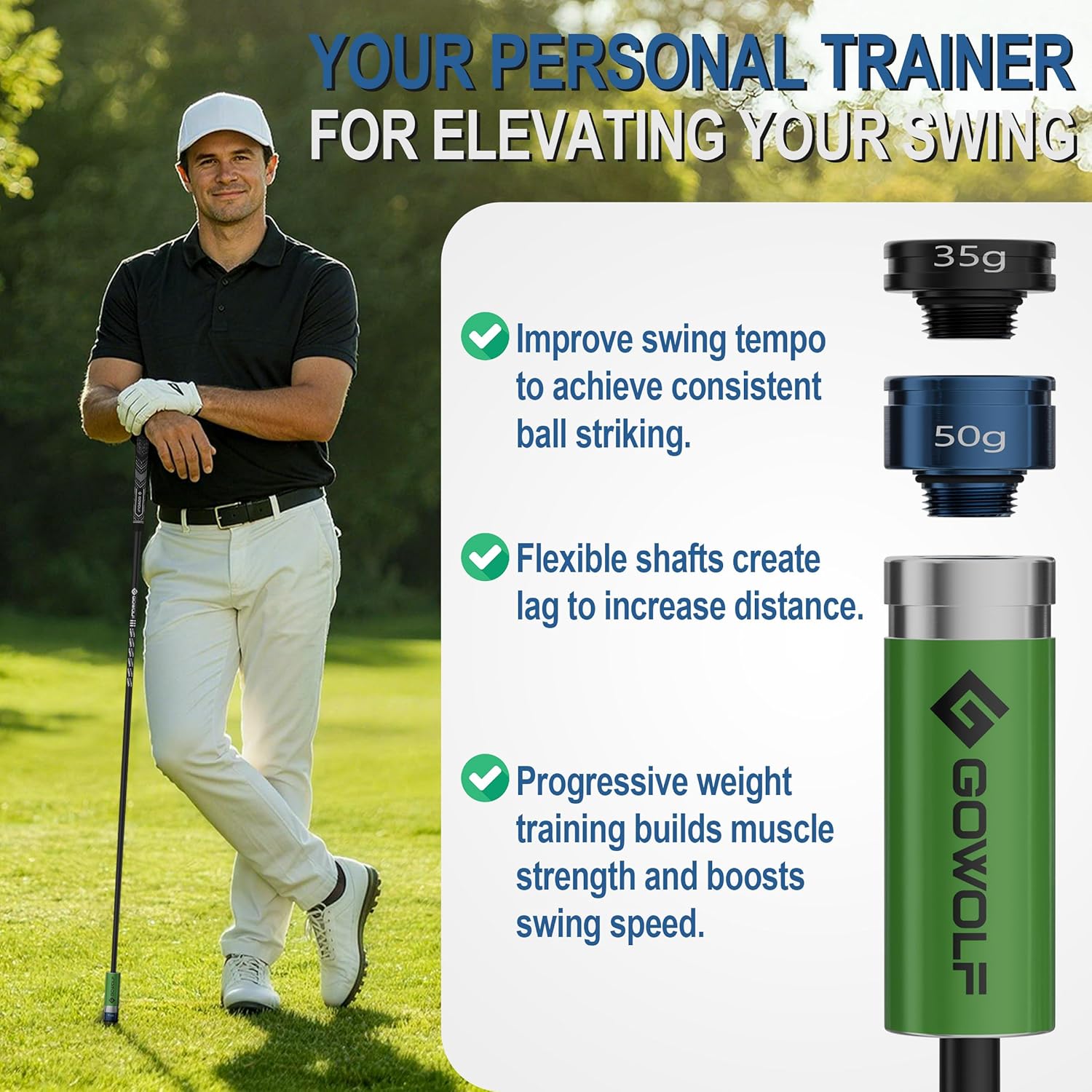 Gowolf Golf Swing Trainer with Adjustable Weights (35g & 50g) - Carbon Fiber Golf Training Aid for Speed, Driving Distance & Tempo, Ideal Warm-Up & Strength Golf Accessories for Men & Women