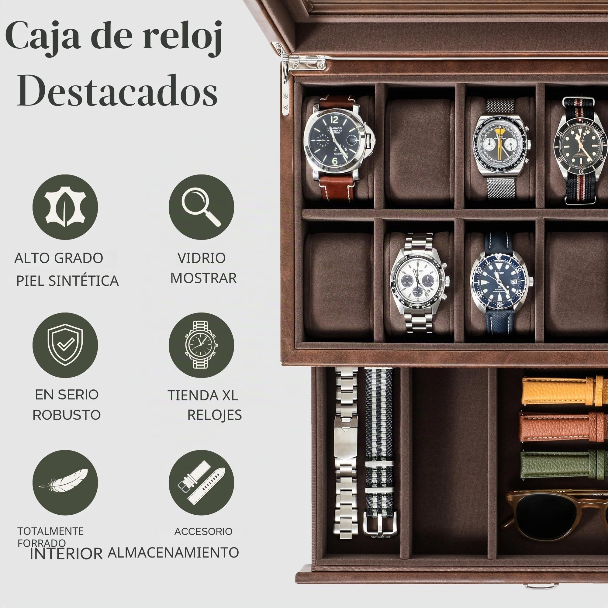 TAWBURY Caja de reloj para hombre – 8, 12, 12 Slot with Drawer, Cuero sintético - Marrón