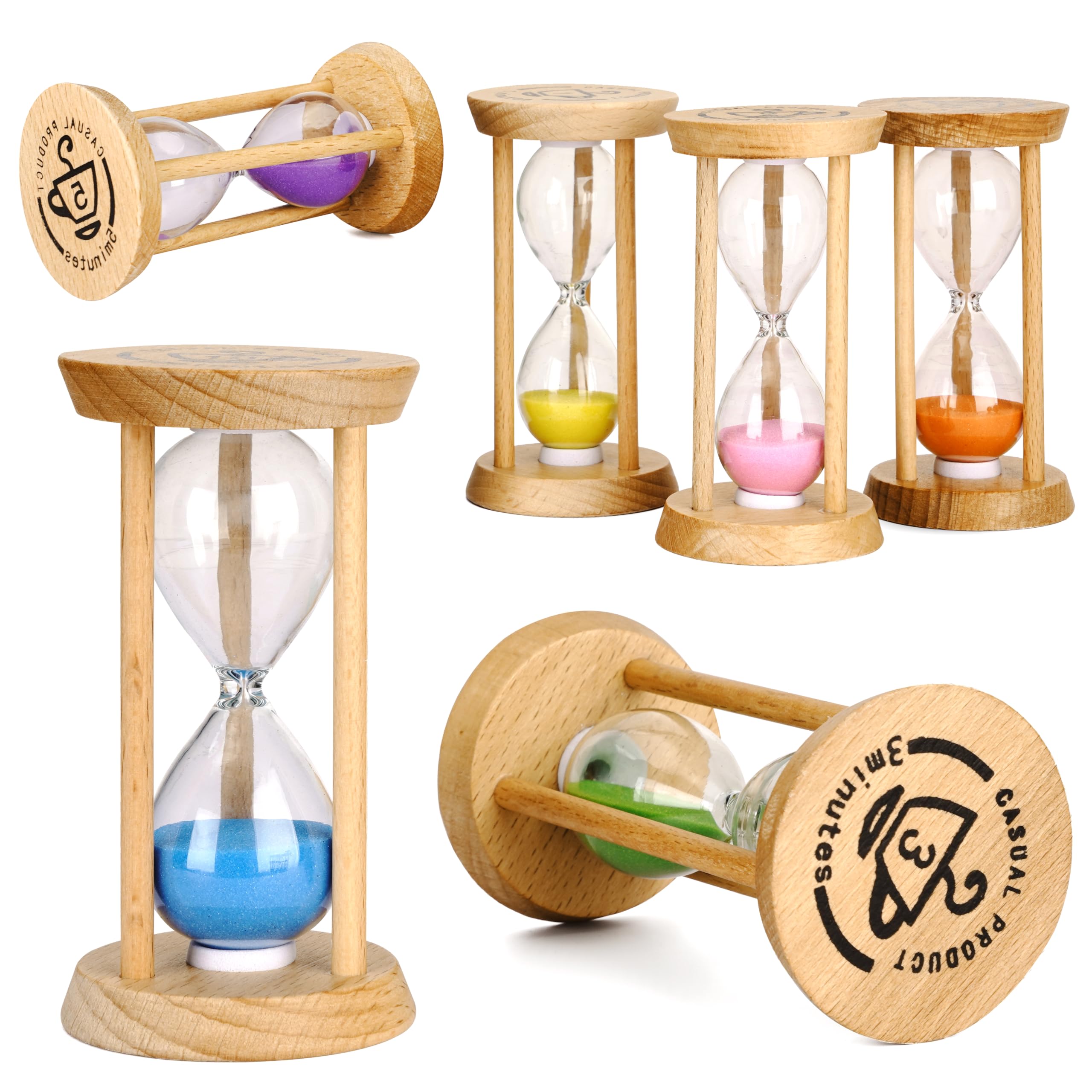 PROLOSO 6PCS Wood Frame Sand Timer Set 30sec/1/2/3/5/10mins Multicolor Hourglass Sandglass Clock Watch
