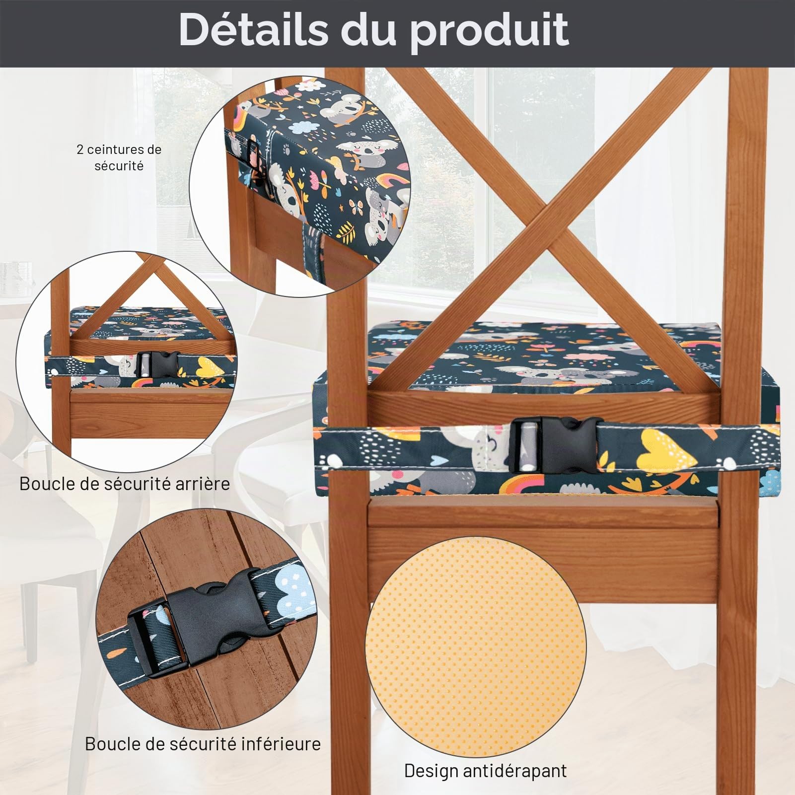 Rehausseur Chaise Enfant, PU Imperméable à l'eau Fort Support Portable Chaise Surélevée, Adapté pour les Repas des Jeunes Enfants, Coussin de Chaise Surélevée Facile à Nettoyer (Noir Koala)