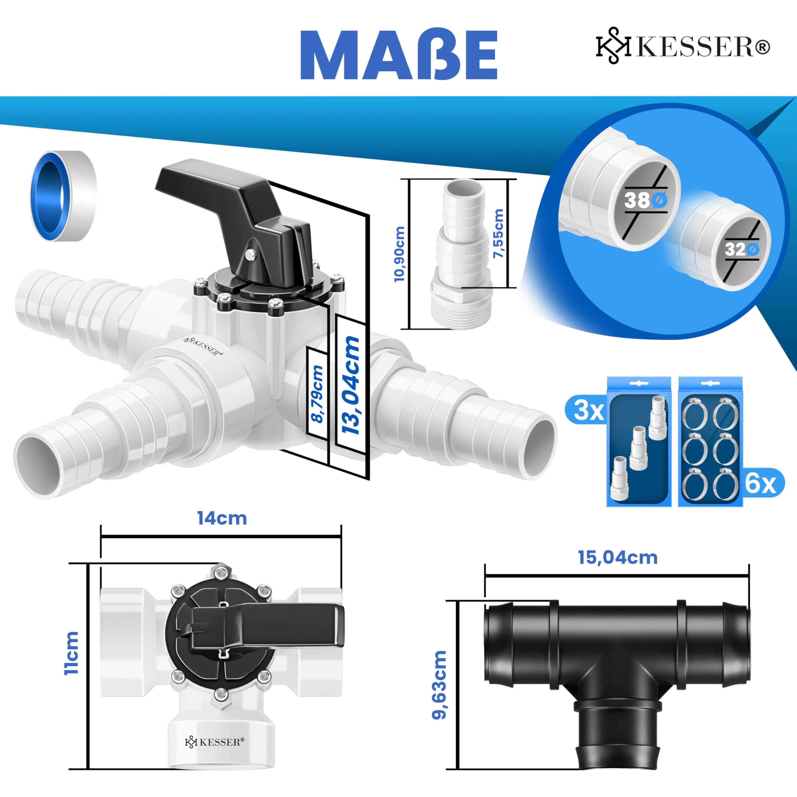 KESSER Bypass Set Pool 12-teilig 3-Wege Ventil Anschluss ABS-Adapter Ø32 Ø38mm Edelstahl-Schlauchschellen Teflon-Dichtband Sandfilteranlage Wärmepumpe Solarheizung