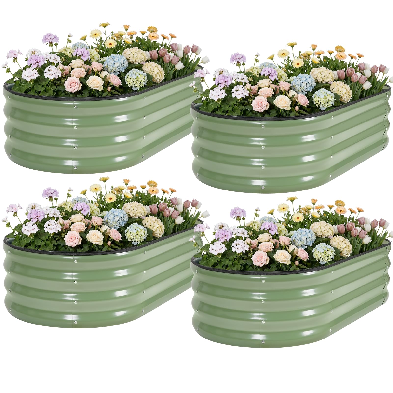WILLOW WEAVE Set of 4 Raised Beds for Garden, Galvanized Steel Planters Outdoor for Growing Plants, Vegetables, Flowers and Herbs, 120x60x30cm, OliveGreen