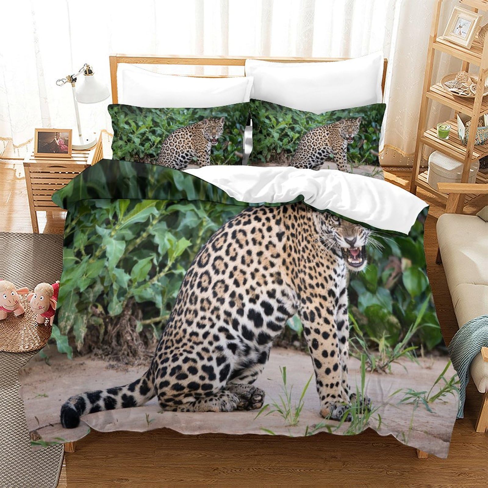 P1s9u7w5y Jaguar-9 Wild Jungle 3D Printing Leopard Pattern 3Pcs Microfiber Duvet Cover Set Animal Bedding King（220X240cm）