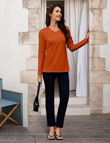 Miniatura 3 de MAGCOMSEN Camisetas de manga larga con cuello en V para mujer, básicas de algodón, camisetas casuales de ajuste clásico, suaves y transpirables