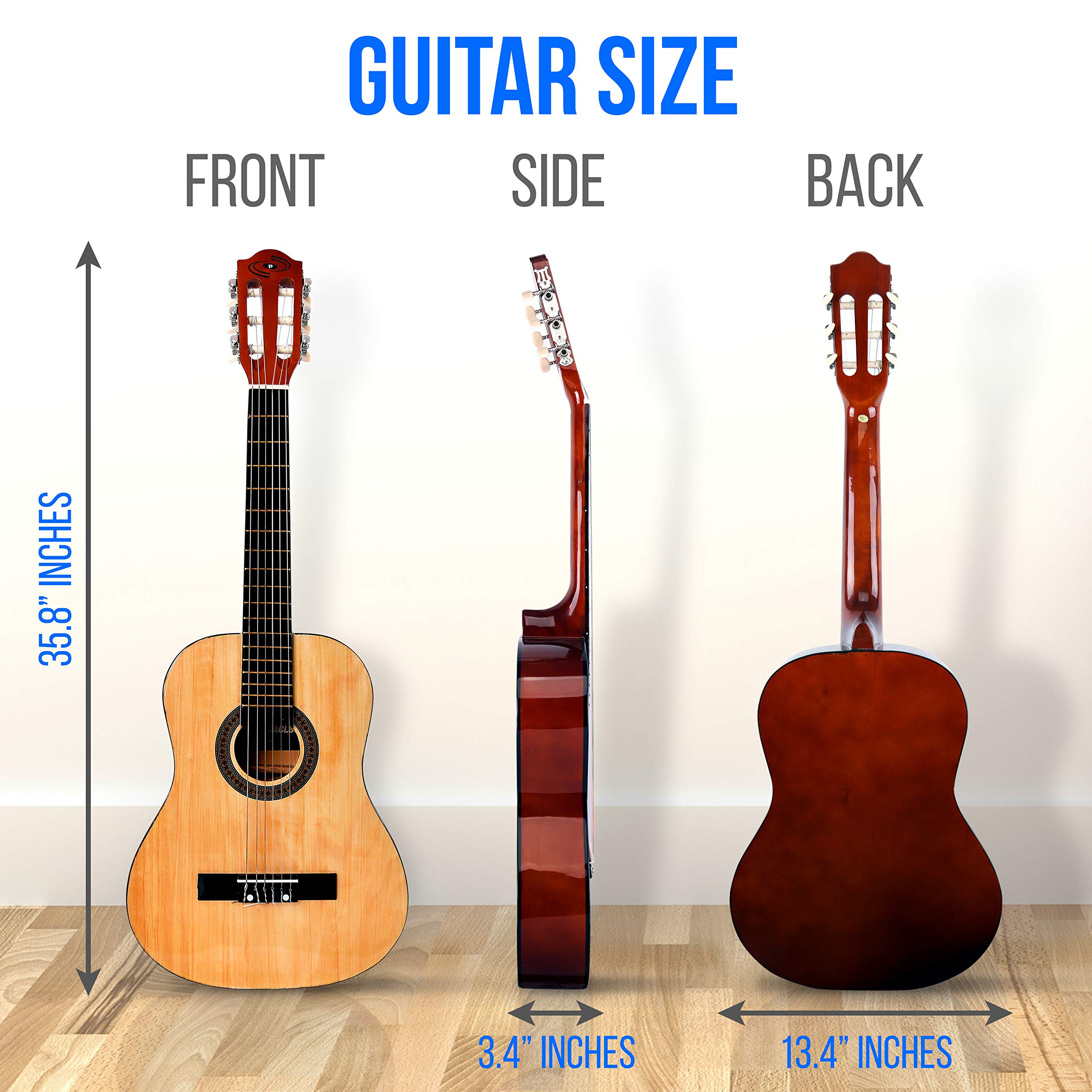 Pyle 36 Classical Acoustic Guitar 3 4 Junior Size 6 Linden Wood Guitar W Gig Bag Tuner Nylon Strings Picks Strap For Beginners Adults Right Natural Pgacls82 Amazon Sg Musical Instruments