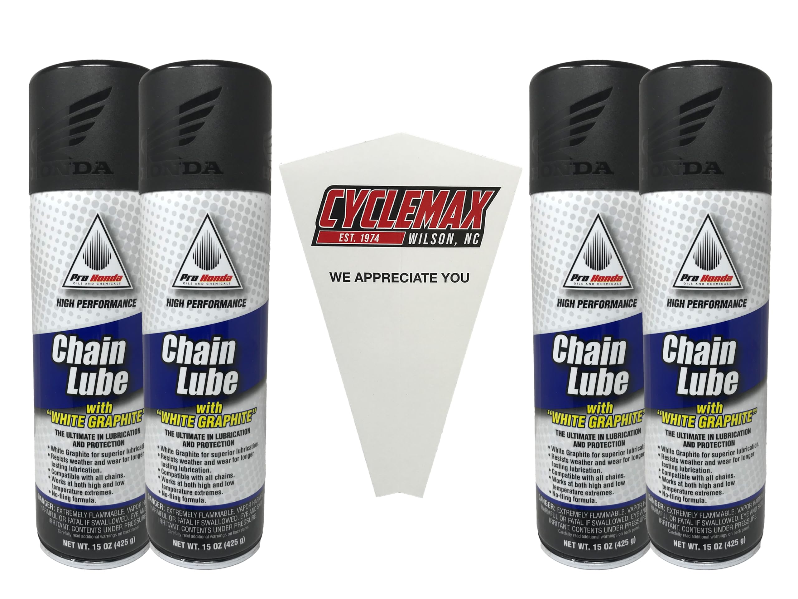 Cyclemax Four Pack compatible with Honda Chain Lube with White Graphite 08732-CLG00 Contains Four 11oz Cans and a Funnel