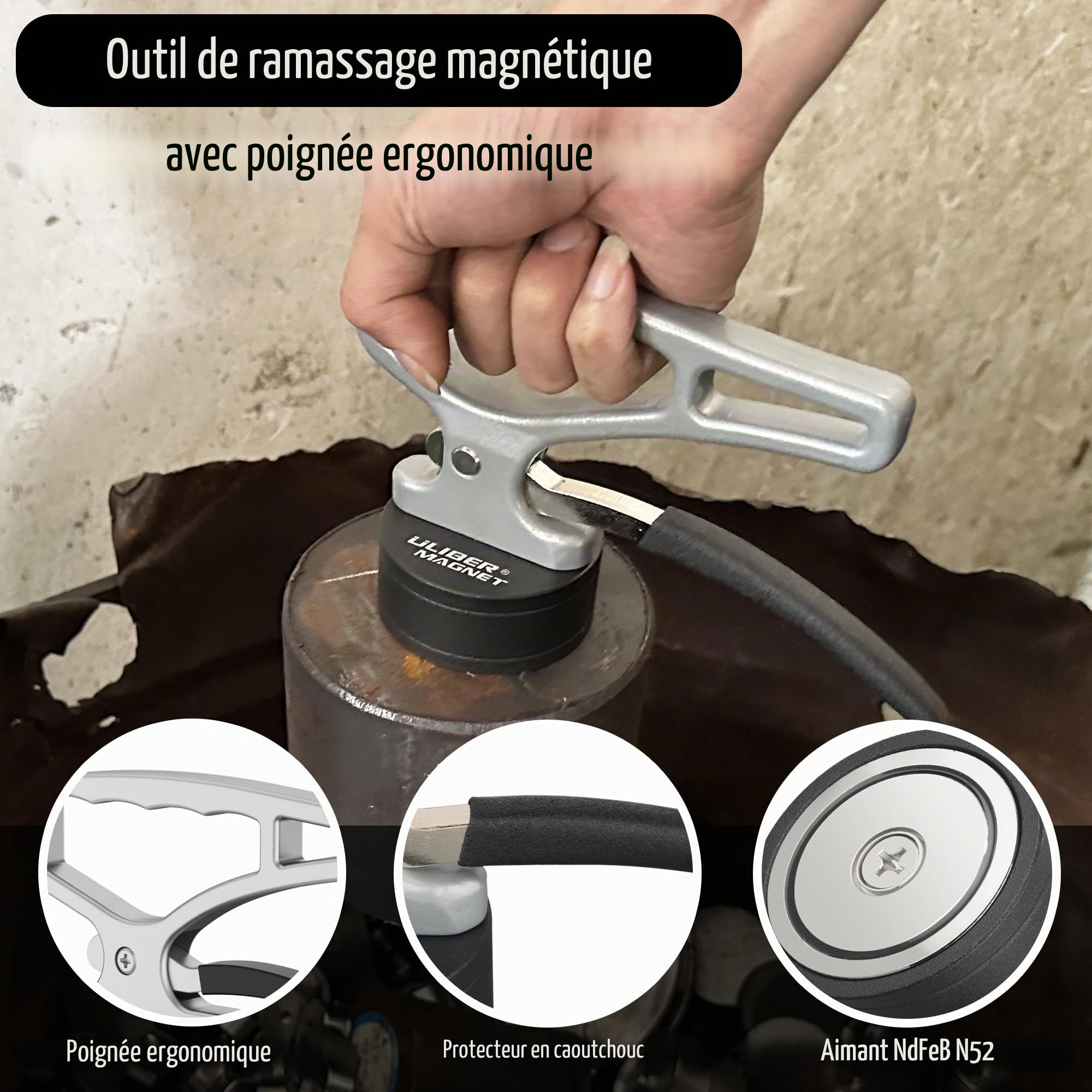 ULIBERMAGNET Outil pick-up magnétique robuste, libération rapide, portable avec poignée ergonomique