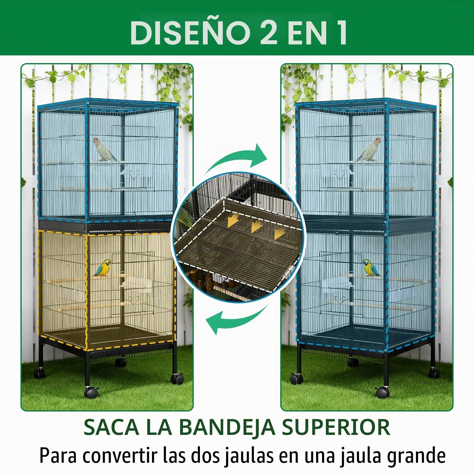 Jaula Para Pájaros Apilable De Doble Piso - Panorámica Giratoria 360°,Hierro Resistente, Zona De Juego Superior,Ruedas y Bandeja Extraíble - Fácil De Limpiar,Ideal Para Periquitos, Canarios, Agapornis