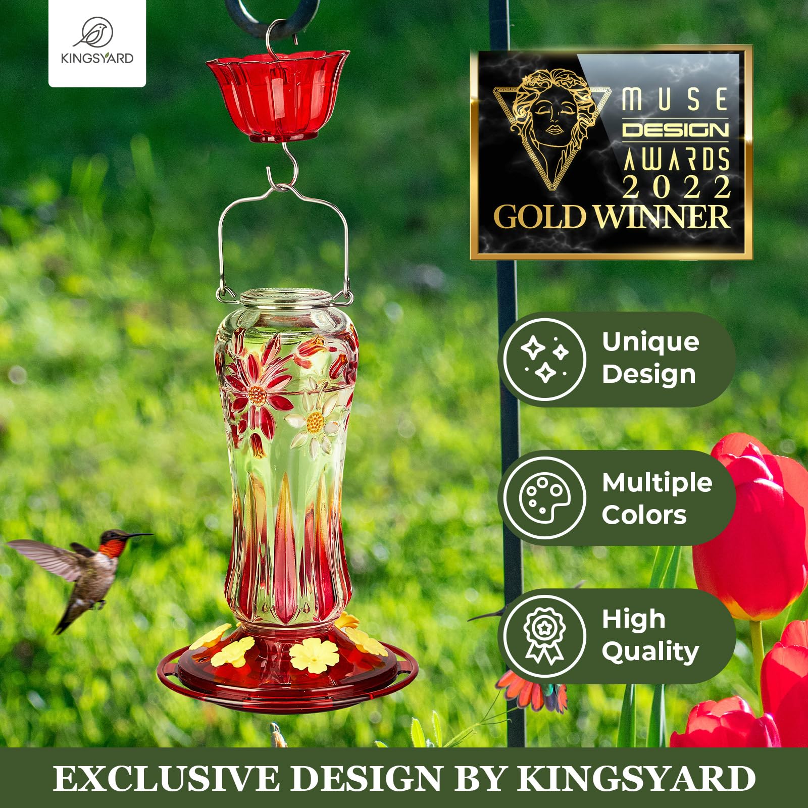 Kingsyard Hummingbird Feeder for Outdoors Hanging, 25 Ounces, Glass Humming Bird Nectar Feeder with Ant Moat & 6 Feeding Ports, Leak Proof, Red - 3