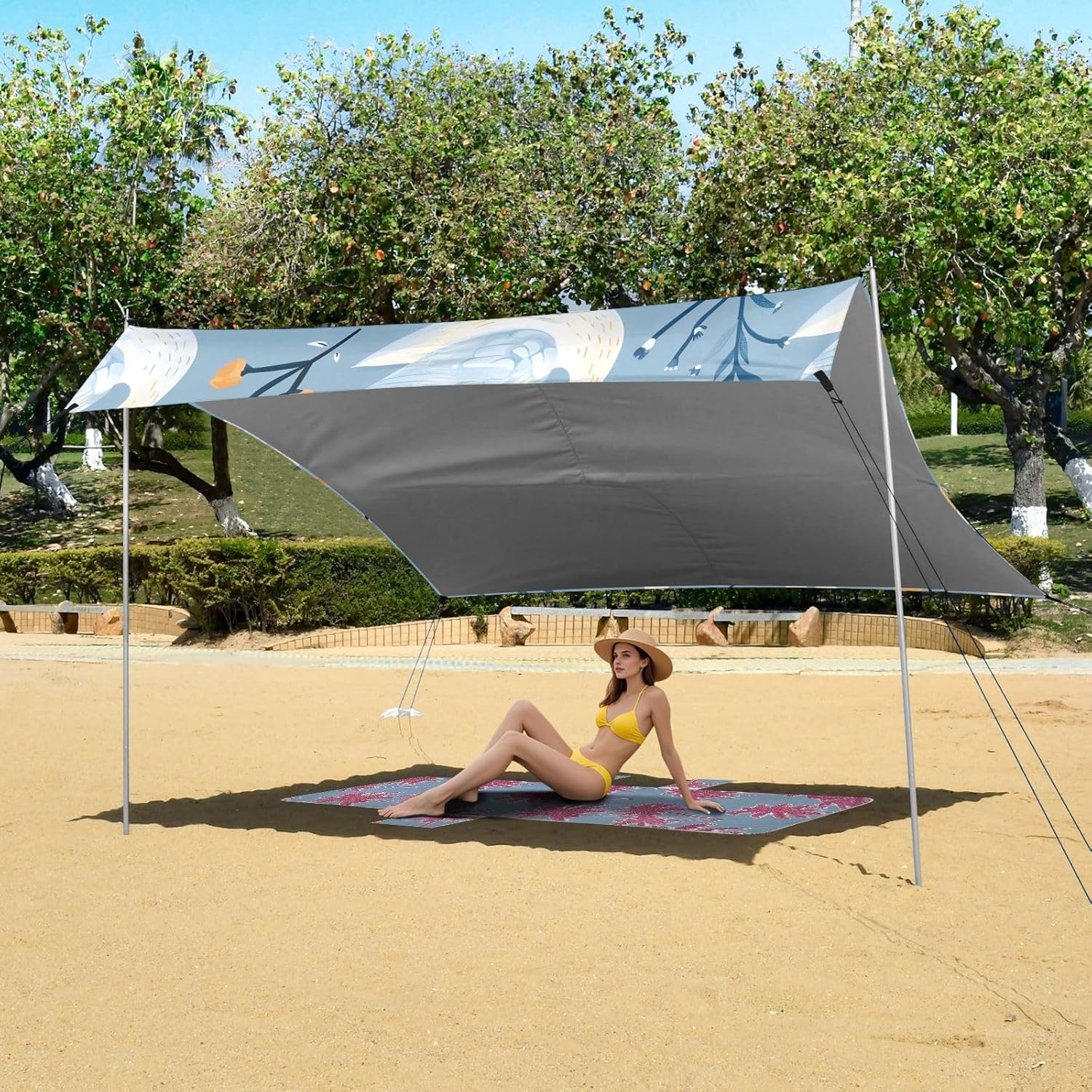Bule Duck and Flower Camping Sun Shelter, Beach Tent Portable Beach Sun Shade Outdoor Canopy for Camping Trips Fishing Picnic