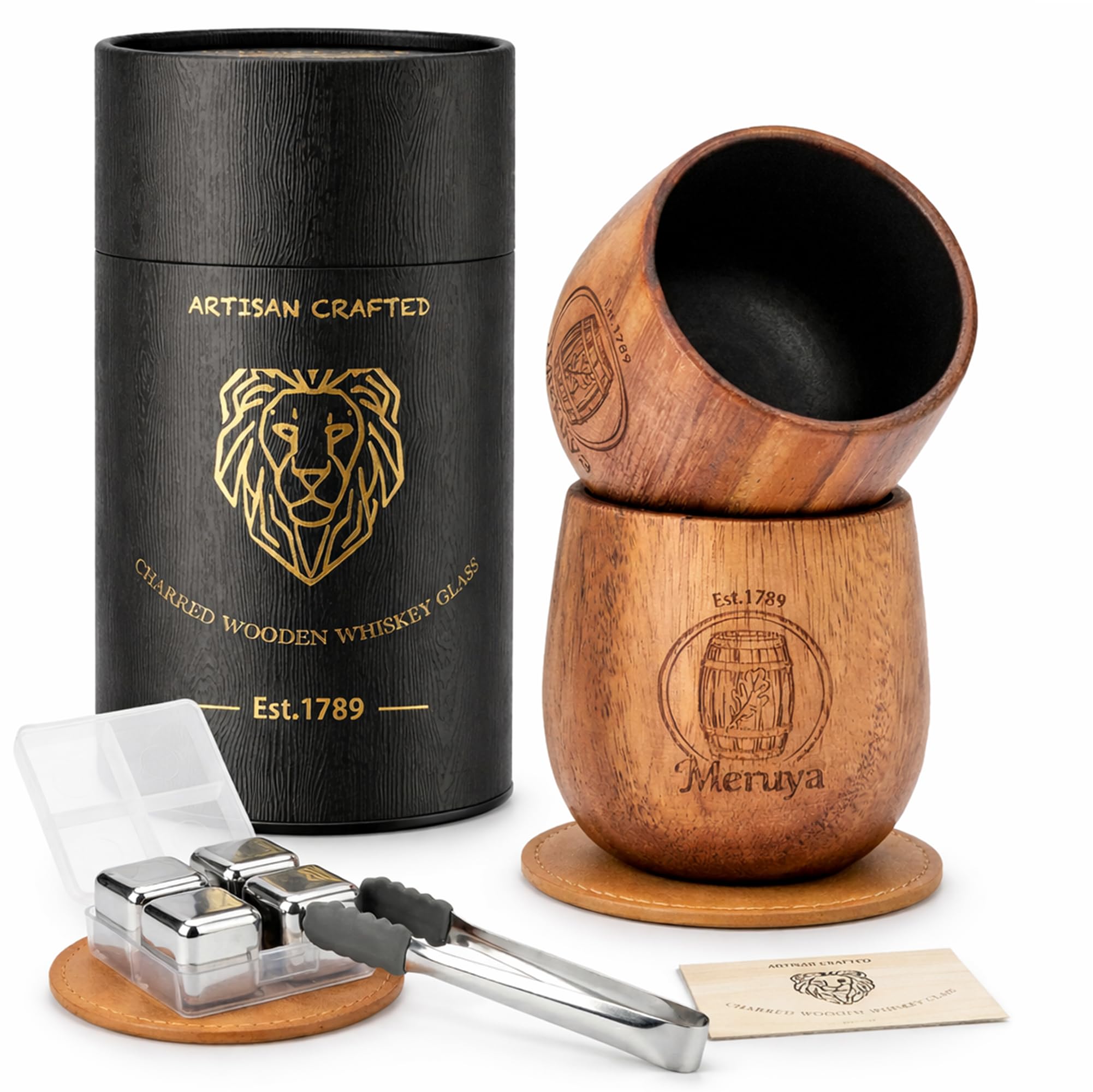 Premium Charred Wooden Bourbon Drinking Glass Set – 2 Handcrafted Whiskey Glasses (Acacia Wood Aroma Enhancing), 4 Whiskey Stones, Tongs & 2 Coasters, Bourbon Gifts for Men, Dad, Husband
