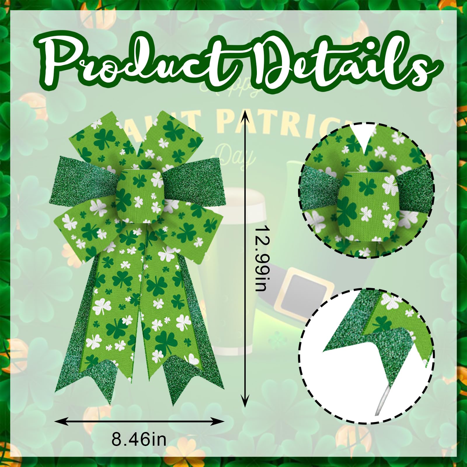Threetols 2 Pack St. Patrick's Day Wreath Bows, Green Lucky Clover Bows for Wreath Irish Holiday Green Glitter Shamrock Decoration Bows for Indoor Outdoor Holiday St Patricks Party Decor