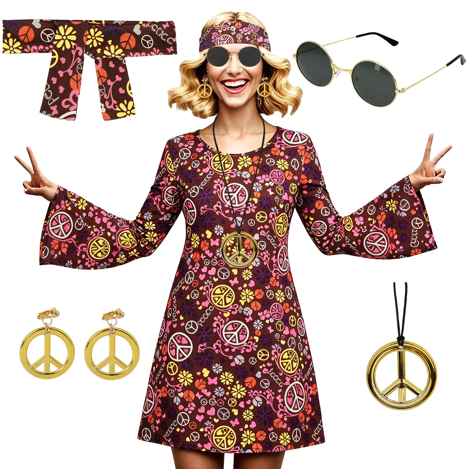 AYBUY Women’s Hippie Dress, 60s 70s Fancy Dress Women Disco Outfit with Necklace, Earrings, Sunglasses and Band, 1960s 1970s Retro Hippy Clothes for Halloween Carnival Cosplay Party, M (Style C — image 1