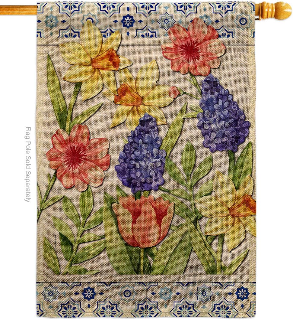 Breeze Decor Spring Floral Burlap House Flag Sunflower Tulip Rose Orchid Lilies Season Springtime Flower Wreath Decoration Banner Small Garden Yard Gift Double-Sided, Made in USA