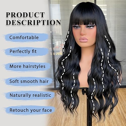 Miniatura 5 de Annivia Peluca larga ondulada negra con flequillo para mujer, peluca larga y ondulada de aspecto natural, peluca de fibra sintética resistente al