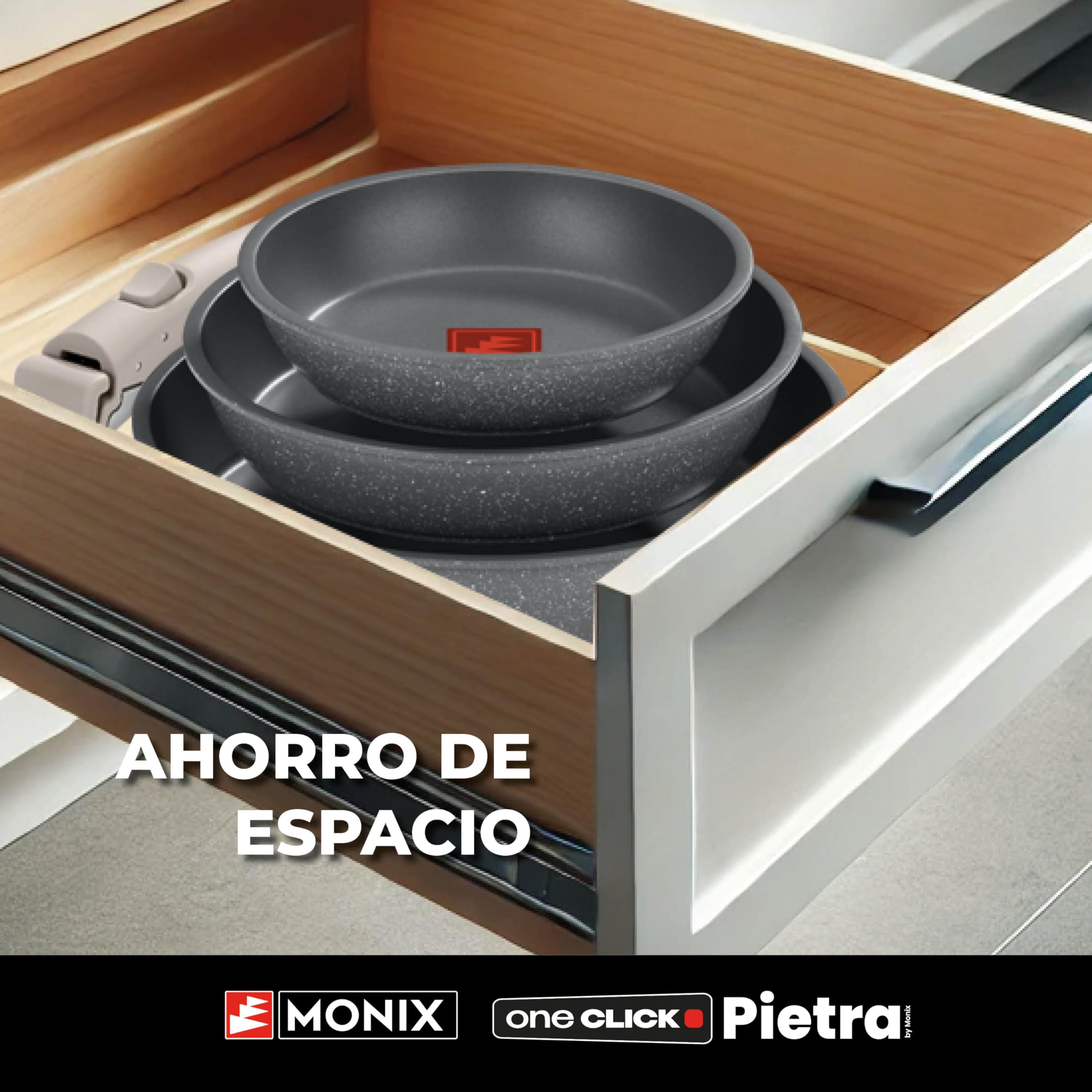 Monix One Click Pietra | Set 3 sartenes apilables, 20-24-26 cm, Antiadherentes, Mango desmontable, Indicador Temperatura Thermonix, Sin PFOA, Apta para todo tipo de Cocinas