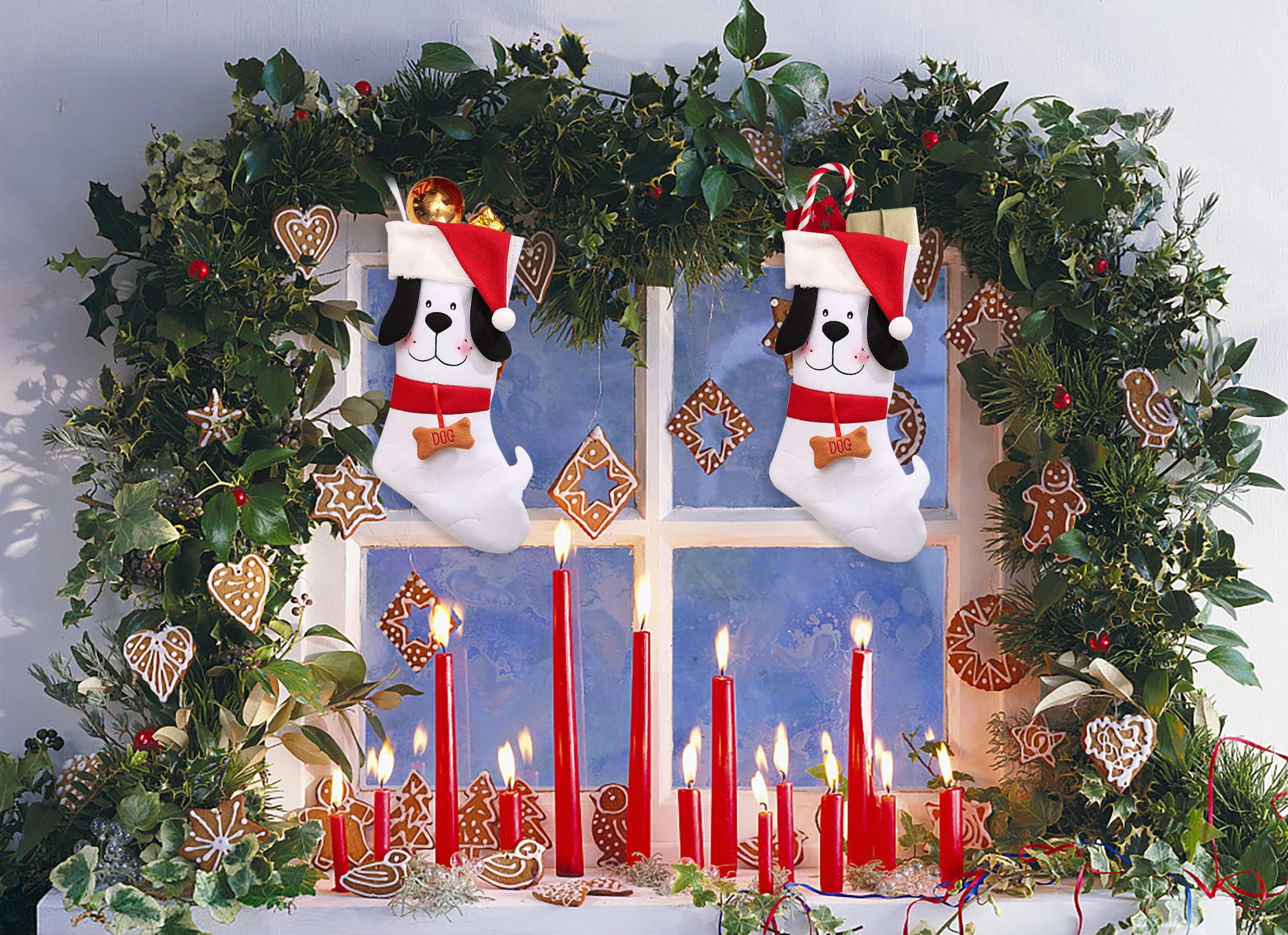ALIBBON Medias de Navidad para perros de 17 pulgadas, perro blanco grande con sombrero de Navidad, medias de Navidad para perros y mascotas, medias colgantes para chimenea, decoración de Navidad