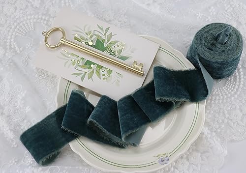 Miniatura 5 de Cinta de terciopelo azul polvoriento, 2 pulgadas x 3 yardas, cinta de terciopelo de seda con borde deshilachado, cinta azul rasgada a mano con borde