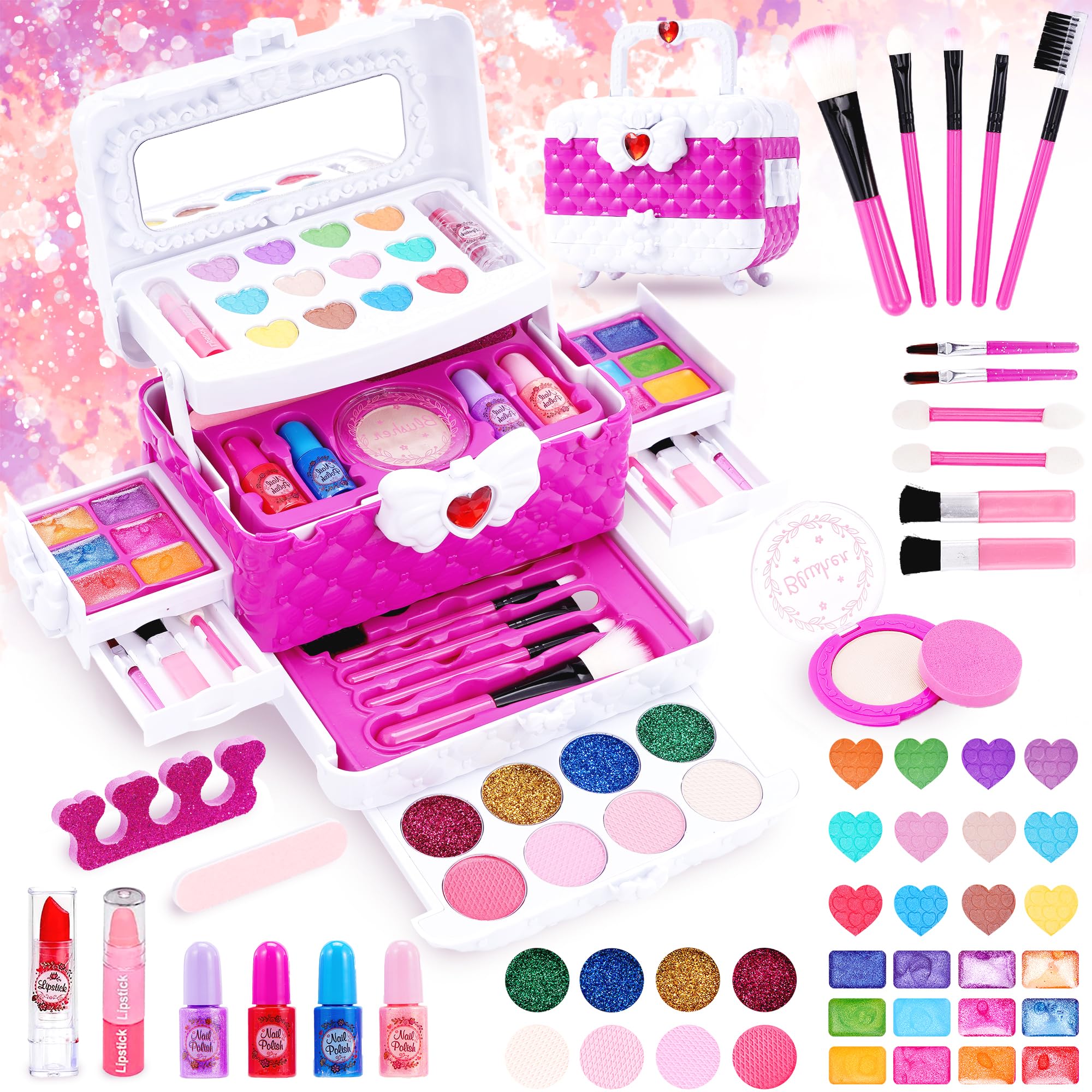 53 Pcs Kids Makeup Sets for Girls, Washable Make Up Toy for Age 3+ Years, Non-Toxic Make Up Starter Kit, Children Princess Pretend Play Games, Cosmetic Beauty Set Gift for Kids Halloween Birthday