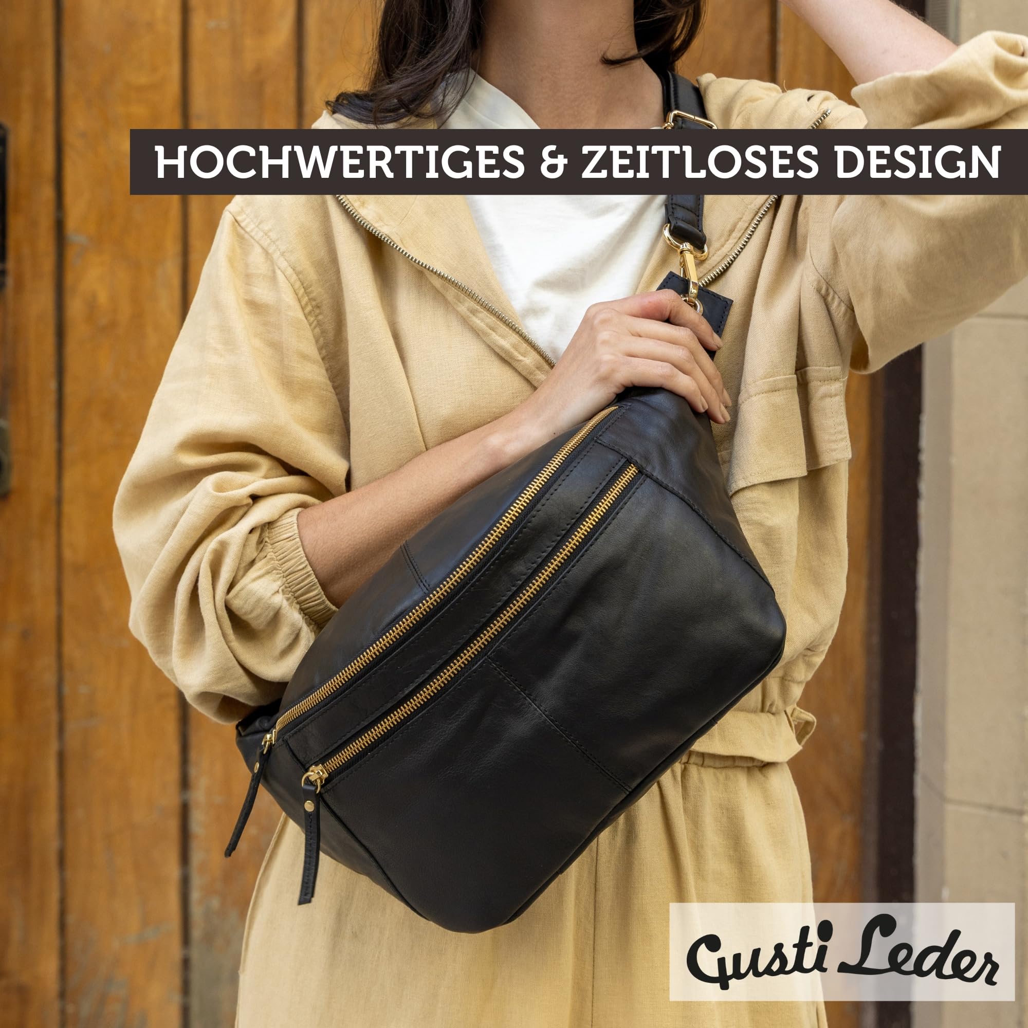 Gusti Leder Bauchtasche Freya - Damen Gürteltasche Schwarz Echtleder Hüfttasche mit Verstellbarem Gürtel - Vintage Festivaltasche für Damen und Herren