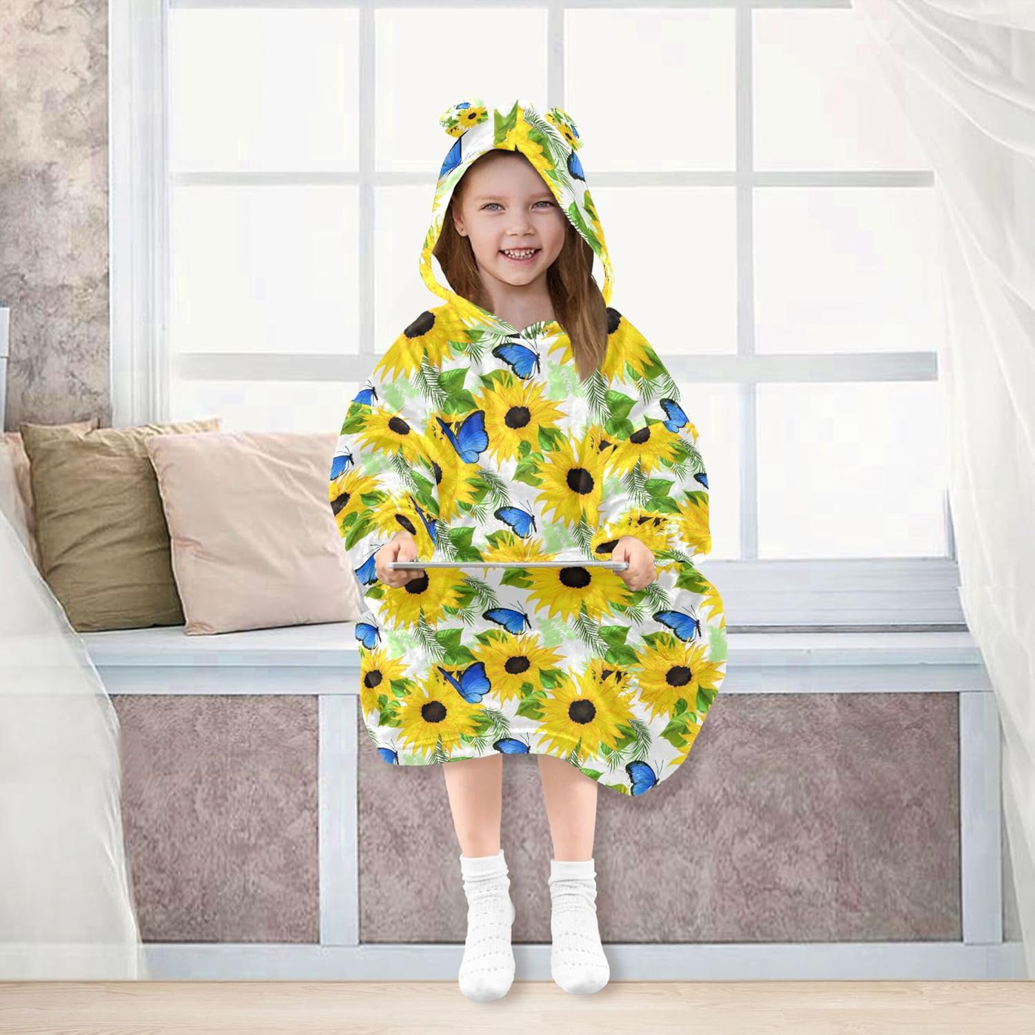 Butterfly Sunflower Kids Wearable Blanket Hoodie with Pocket and Sleeves for Toddlers, Cute Hoodies Girls B0403974