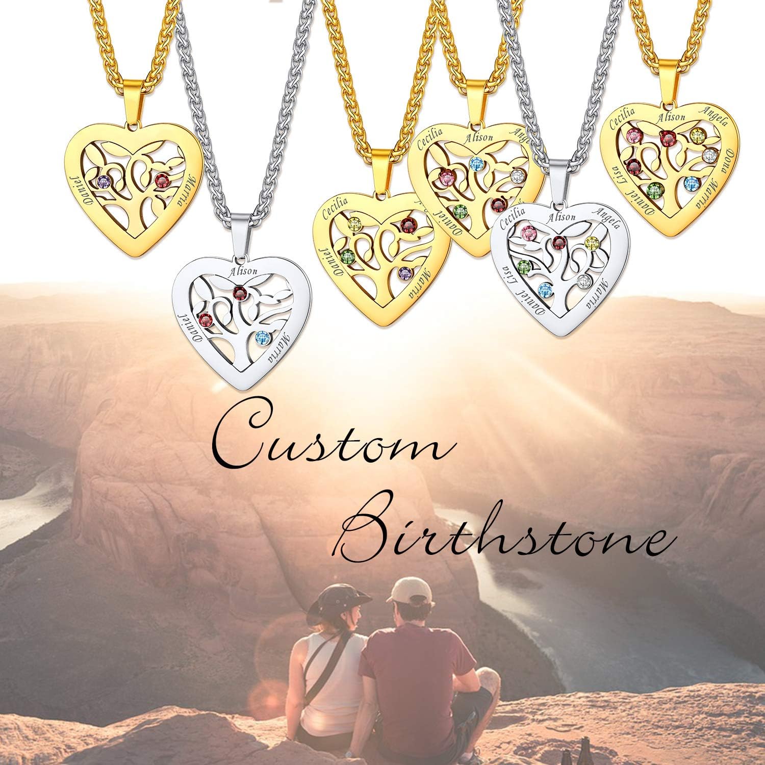 U7 Heart/Round Tree of Life Necklace, Customized Birthstone Jewelry for Women Men,Custom Name Family Branch Tree Pendant Personalized Mother Necklaces with 2-7 Names and Birthstones