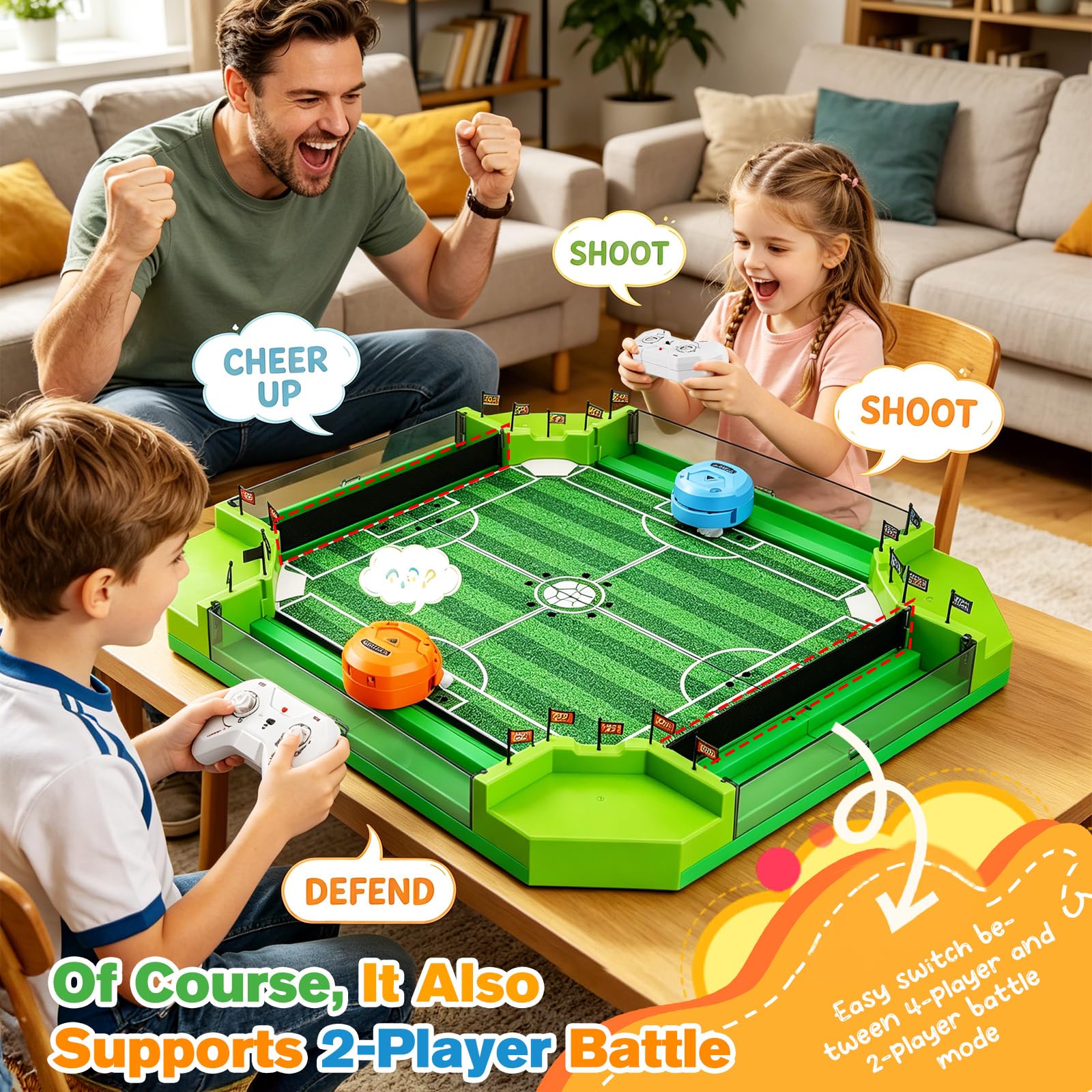 Ferngesteuertes Tischfußballspiel mit 3 Bällen und 4 Fernbedienungen, Mini-Tischfußball für Kinder und Erwachsene ab 3 Jahren – Interaktives Geschenk für Jungen und Mädchen