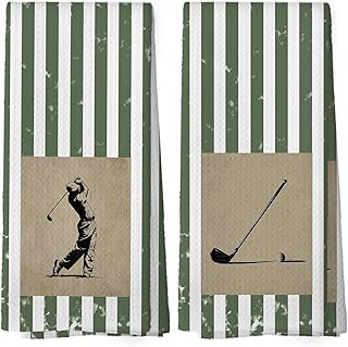 Green Striped Golf Kitchen Towels Set of 2, Golf Lovers Gifts Hand Towel for Bathroom Kitchen Decor, Gifts for Golfer Women Men Decorative Tea Towels Dish Towel 16x24 Inch