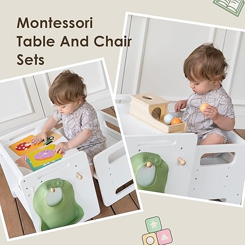 Miniatura 6 de Montessori - Juego de mesa y silla de destete  Diseño ajustable para niños pequeños, ideal para la hora de comer, aprender y jugar, color blanco
