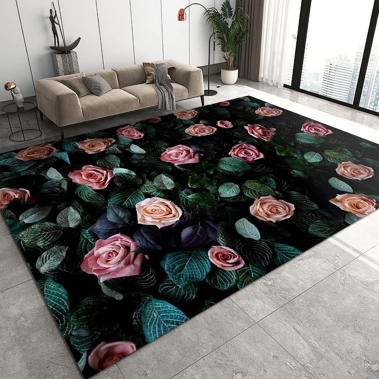 Tapis de salon motif fleur 3D flanelle de polyester au toucher doux premium