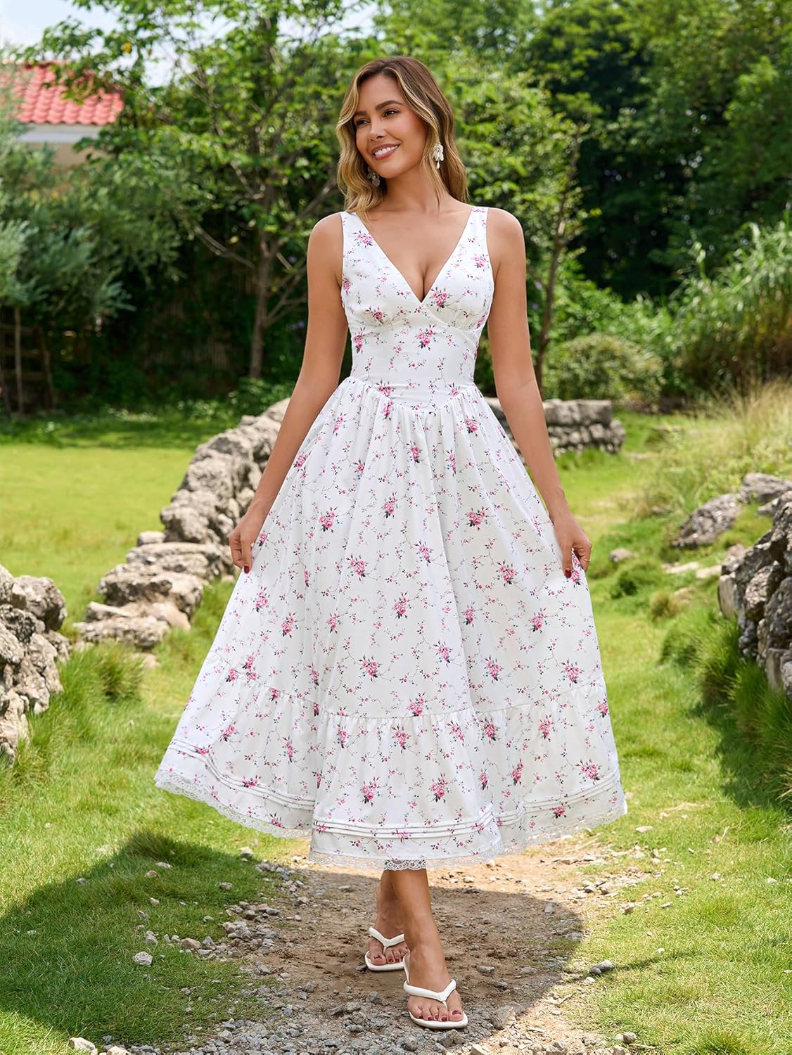 Floral Corset Midi Dress Casual V Neck Spring Summer Lace Flowy Sundress Wedding Guest Dresses for Women 2026 - Image 2